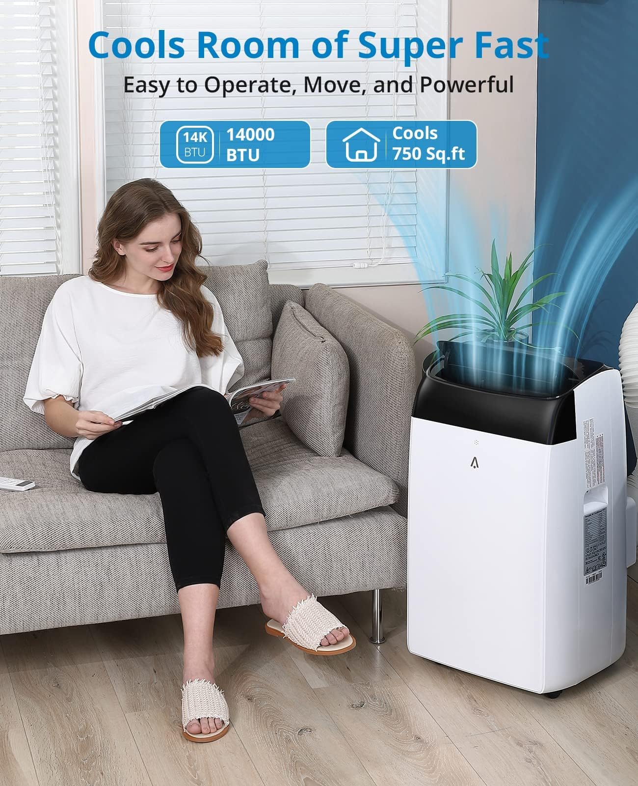 GarveeTech 14,000 BTU Portable Air Conditioner with Dehumidifier & Fan, Quiet Portable AC Units for Rooms, Remote, Timer, Auto Swing, Room Air Conditioner Cools Up to 750 Sq.Ft., Black Top