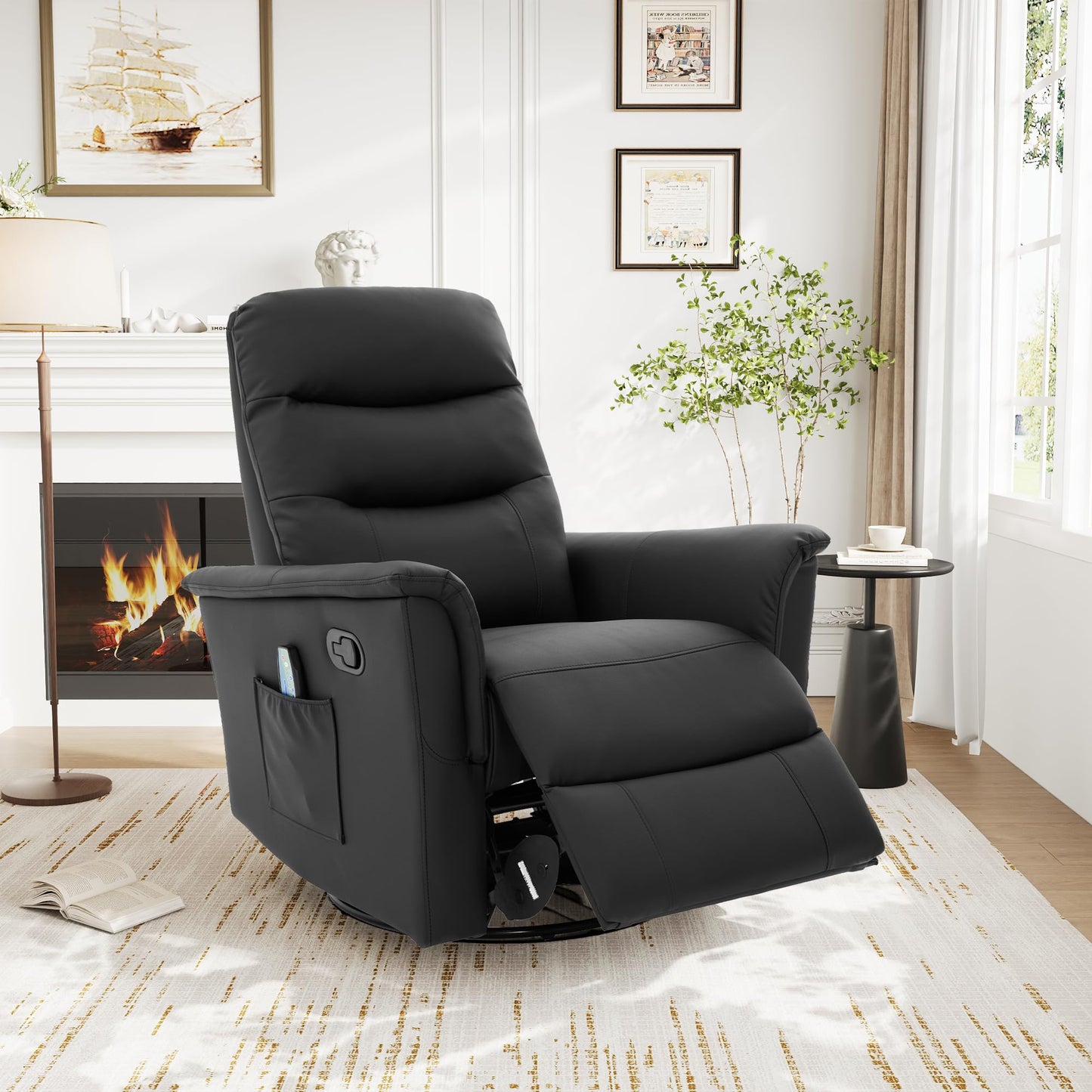 Merax Manual Recliner Chair Rocking & 270° Swivel Recliner with 8-Point Massage Function and Adjustable Backrest, Brown PU Leather Recliner for Living Room, Nursery, Bedroom, Black