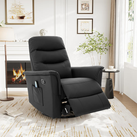 Merax Manual Recliner Chair Rocking & 270° Swivel Recliner with 8-Point Massage Function and Adjustable Backrest, Brown PU Leather Recliner for Living Room, Nursery, Bedroom, Black