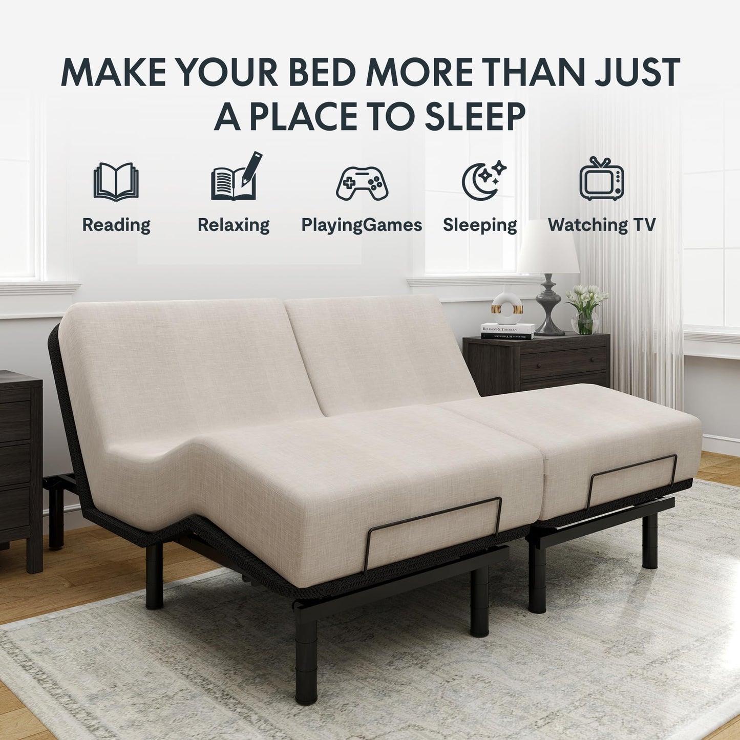 FLEXISPOT Split King Adjustable Bed Frame Base,Segmented Design,Easy Assemble, Oxford Fabric Bedspread,Wired Remote,Whisper Quiet Durable Motor,Mattress Holder, No Box Spring.