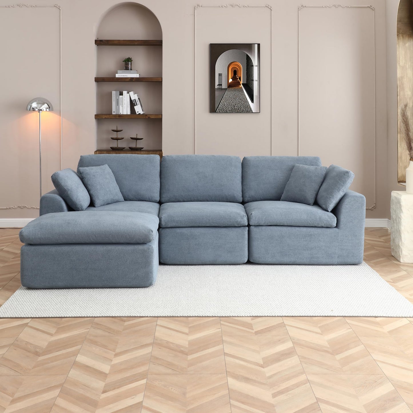 111-Inch L-Shaped Modular Boneless Cloud Sectional Sofa 4 Seat Floor Foam Sofa Couches Deep Seat with Ottoman,Comfy Fabric Upholstered 4 PCS Compressed Cloud Couch
