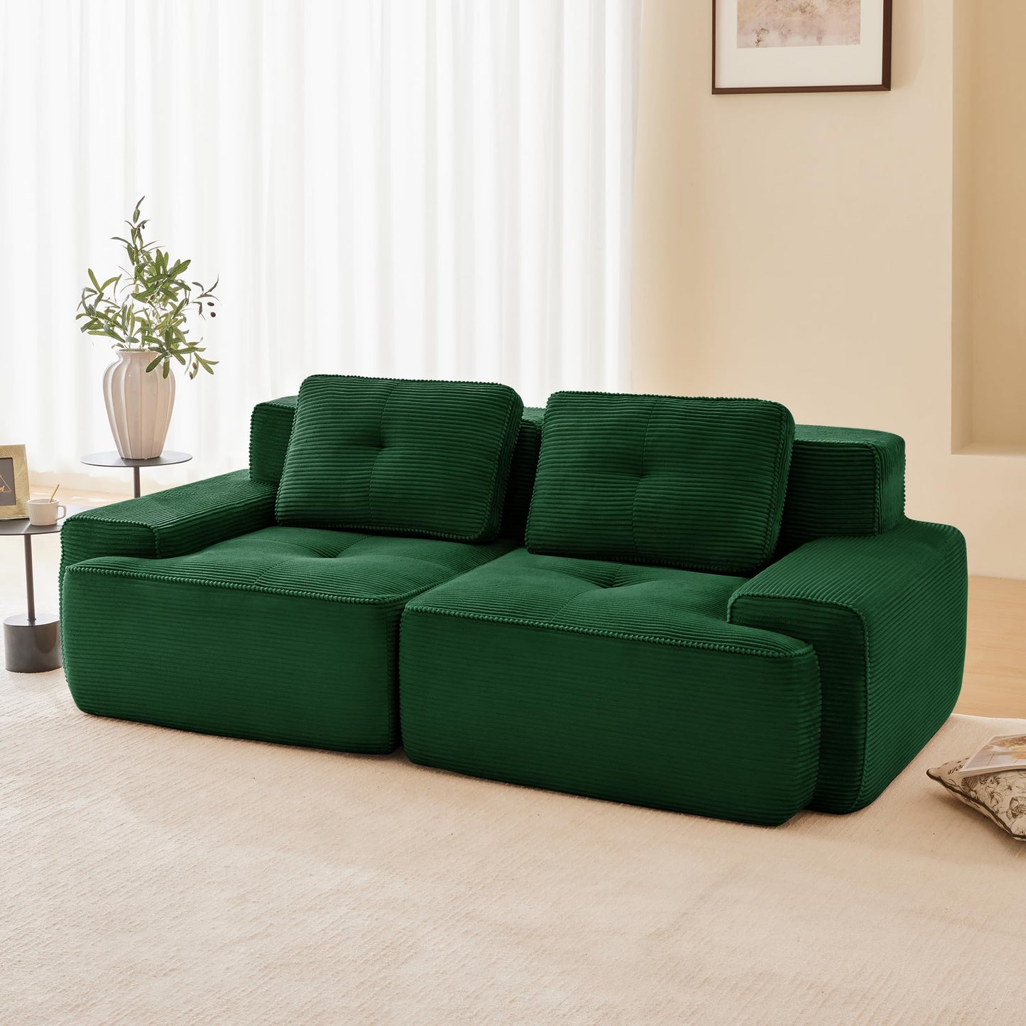 KEIKI 80" Oversized Corduroy Modular Sectional Loveseat Sofa with High-Density Foam Cushion & 2 Pillow, Upholstered Anti-slip Design 2-Seater Tufted Couch, No Assembly Required, for Living Room, Green