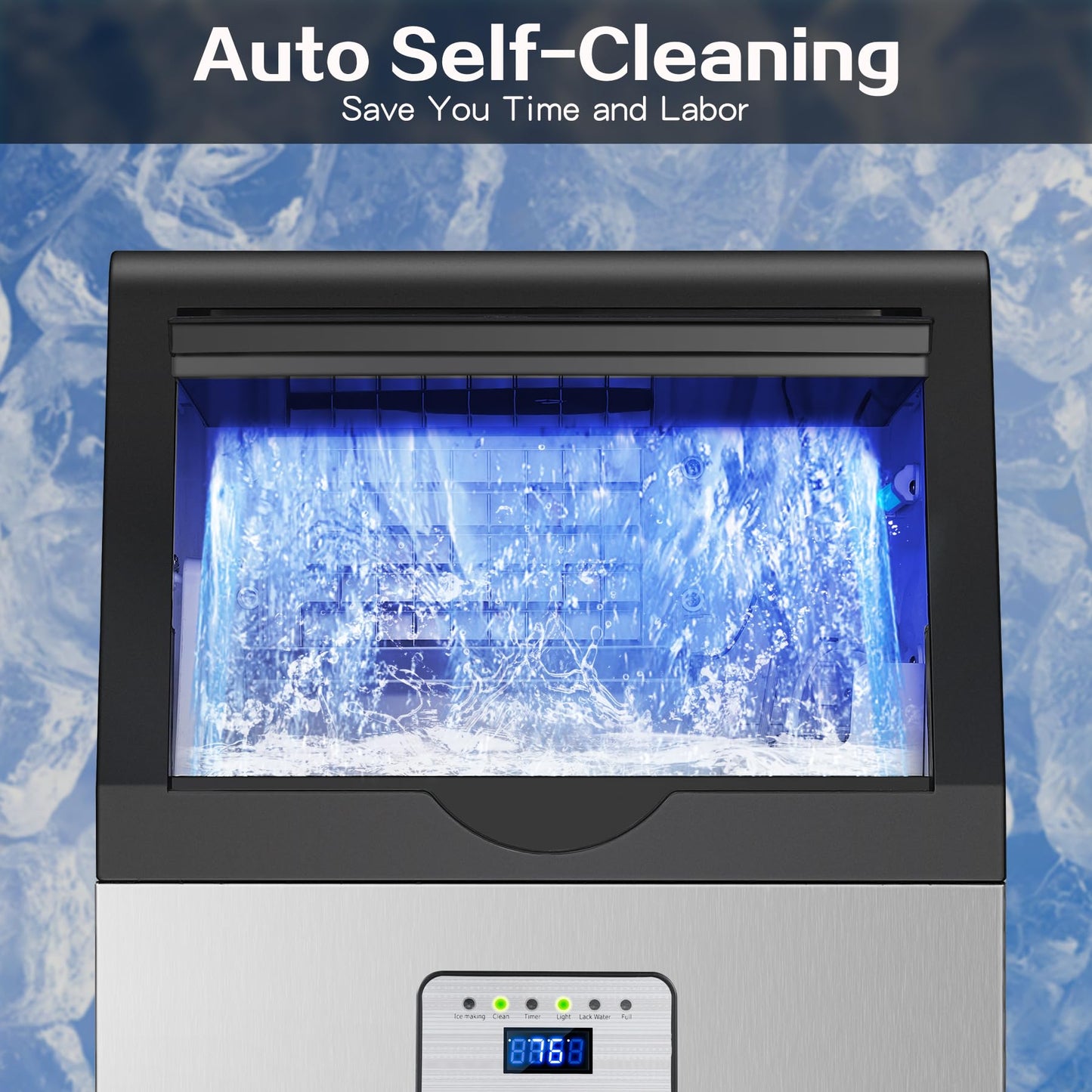 Amzgachfktch Commercial Ice Maker, 110lbs/24H Ice Maker Machine w/ 25 lbs Storage, 45 Ice Cubes in 12 Mins, Auto Self-Cleaning, Blue Light, Under Counter/Freestanding Ice Machine for Home Bar