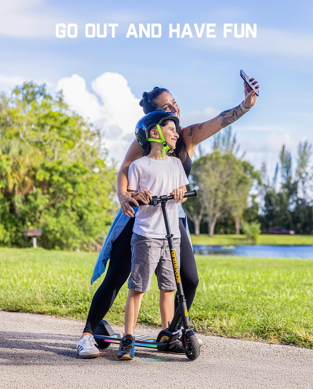 FanttikRide C9 Pro Kids Electric Scooter Ages 8-12, Colorful Rainbow Lights, E-Scooter for Kids 3.9-5.2 ft, 132 lbs, 5 Miles Range, Up to 40 min Ride Time, 5/8/10 MPH, 3 Adjustable Heights, Black