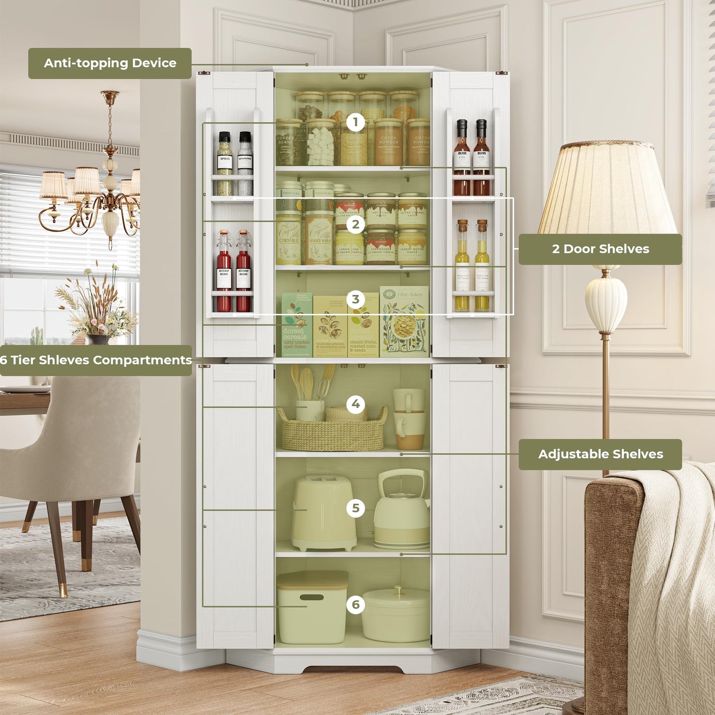 IRONCK Corner Cabinet, 72" Kitchen Pantry Cabinet, 6-Tier Freestanding Farmhouse Pantry with 2 Adjustable Shelves, 240°Swivel Doors, 2 Doors Storage, Spacious Hutch for Kitchen, Living Room, White