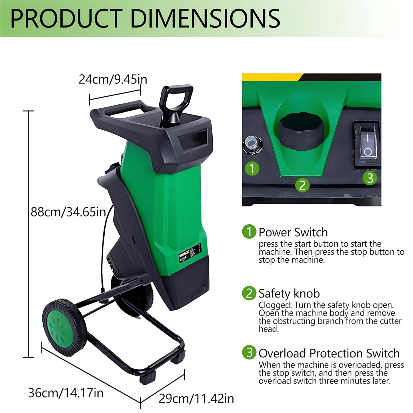 QIUNAOZI Garden Mulcher, 2400W Tree Branch Crushing Machine, Overload/Blockage Protection, 40mm Cutting Capacity, 4500rpm, Reinforced Rotary Double Blade, for Composting and Yard Waste