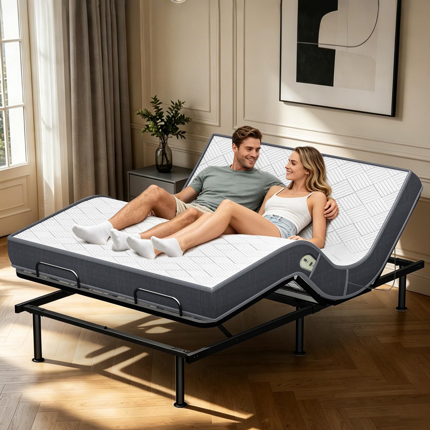 AESOROMO Full Size Adjustable Bed Frame Base with Mattress Electric Bed Simultaneous Head & Foot Incline Zero Gravity Aniti-Snore Adjustable Leg Heights 5 Inch Foam Mattress