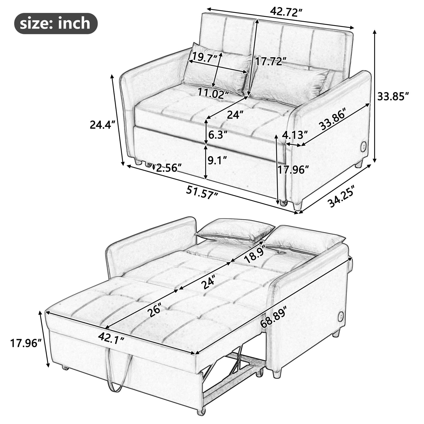 Eafurn Convertible Sleeper Sofa Bed Modern PU Leather Loveseat Sofa with Pull-Out Bed, Futon Loveseat Couch for Small Spaces, Office, Guest Room, Living Room,RV, with USB Charging Port