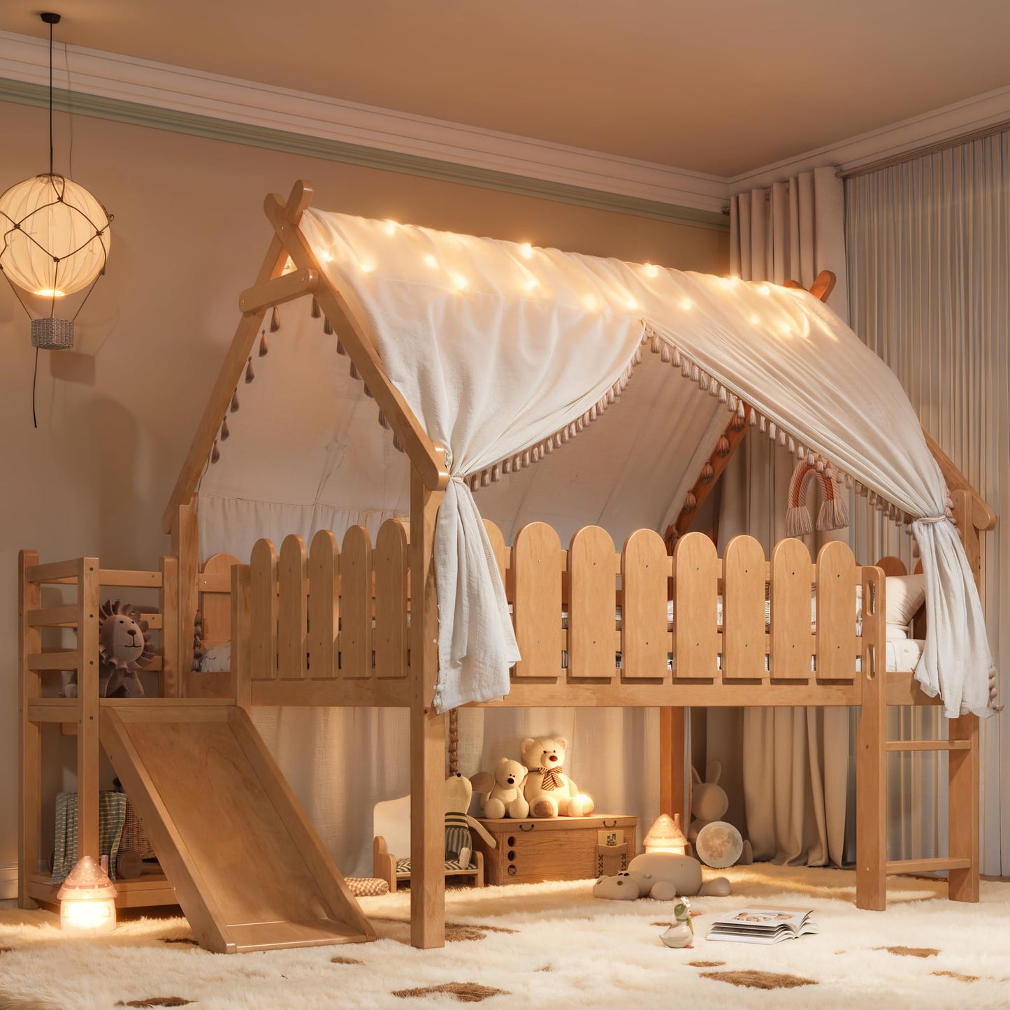 KEIKI Full Size Wooden House-Shaped Loft Bed Frame with Stairs & Ladders & Storage Shelves, for Girls and Boys, Low Loft Bed with Round Shape Guardrails & Slats, Easy Assembly, for Bedroom, Natural