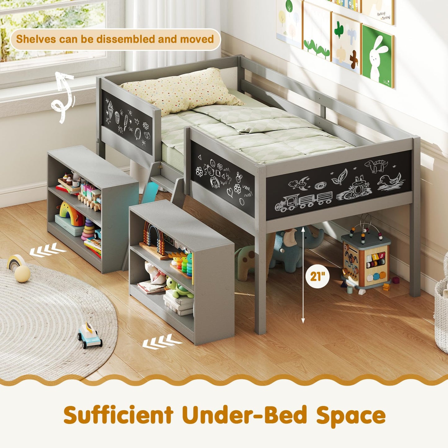 Giantex Low Loft Bed with LED Lights, Wooden Twin Size Loft Bed with Ladder & Blackboard, Twin Bed Frames for Kids with Storage 2 Bookcases and Play Space, Grey