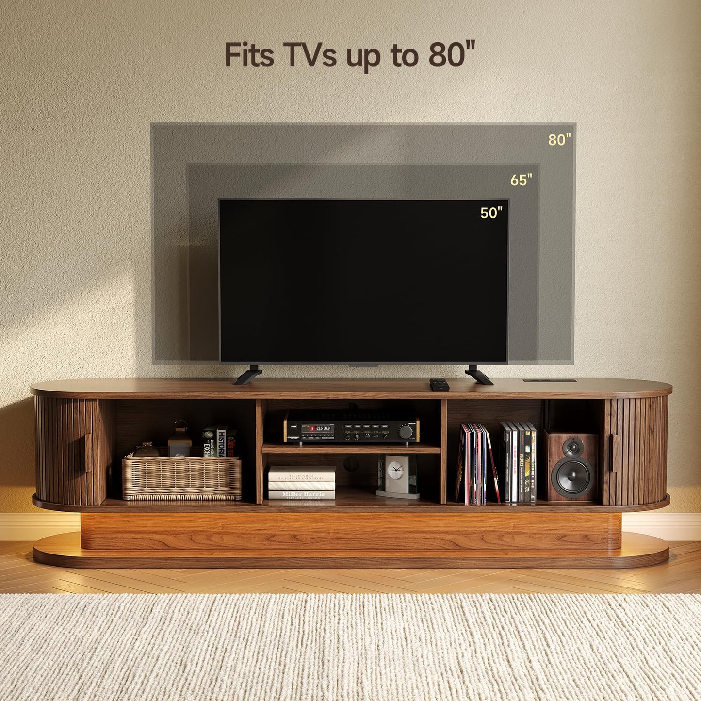 ONBRILL 70" TV Stand up to 80 Inch, Entertainment Center with LED Lights and Storage, Mid Century Modern Fluted TV Console with Power Outlet, Media Console for Living Room Bedroom (Walnut)
