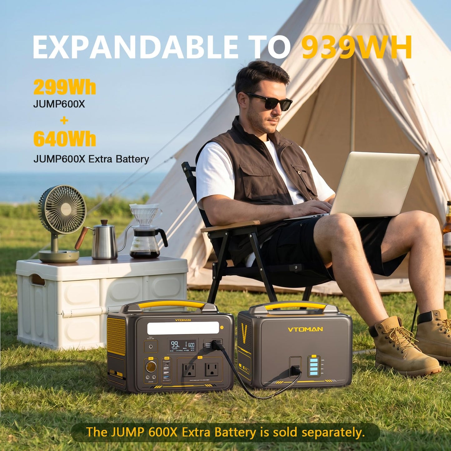 VTOMAN Jump 600X Portable Power Station 600W, 299Wh Solar Generator LiFePO4 Battery Power Station with Jump Start for Car, 1200W AC Outlet, PD 60W USB-C, 3x Regulated 12V/10A DC for Camping, RV Travel