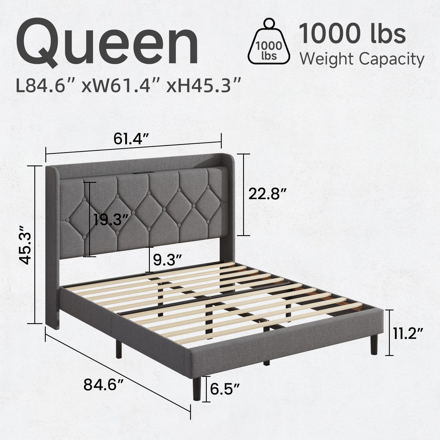 Lcwtvgxr Queen Size Bed Frame with Diamond Tufted Linen Headboard & Storage Shelf, Upholstered Platform Bed with Wood Slats & Sturdy Metal Frames, No Box Spring Needed, Easy Assembly, Gray