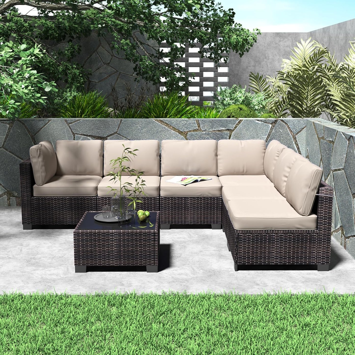 7 Piece Outdoor Patio Furniture Set, PE Rattan Conversation Sofa Set, Wicker Patio Set w/Thick Cushions & Glass Top Coffee Table, All-Weather Outside Furniture for Garden, Balcony,Porch(Brown+Beige)