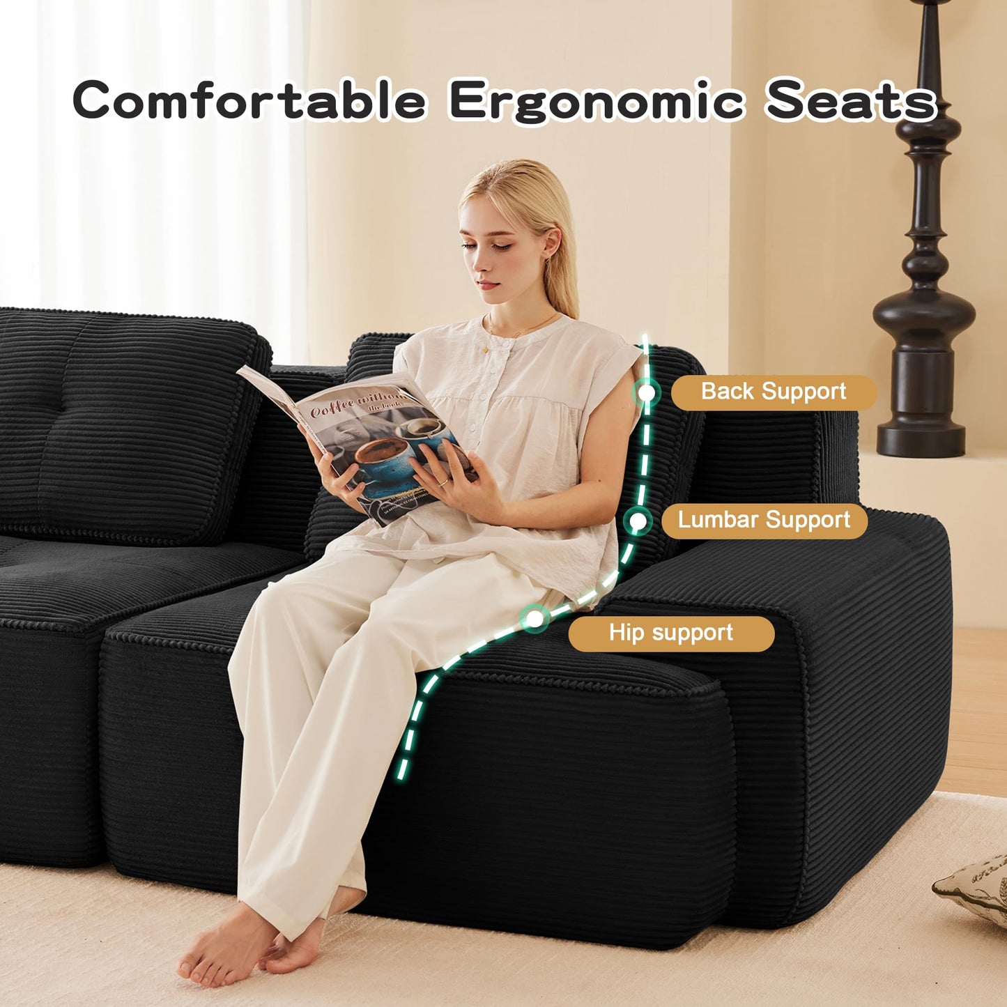 KEIKI 80" Oversized Corduroy Modular Sectional Loveseat Sofa with High-Density Foam Cushion & 2 Pillow, Upholstered Anti-slip Design 2-Seater Tufted Couch, No Assembly Required, for Living Room, Black