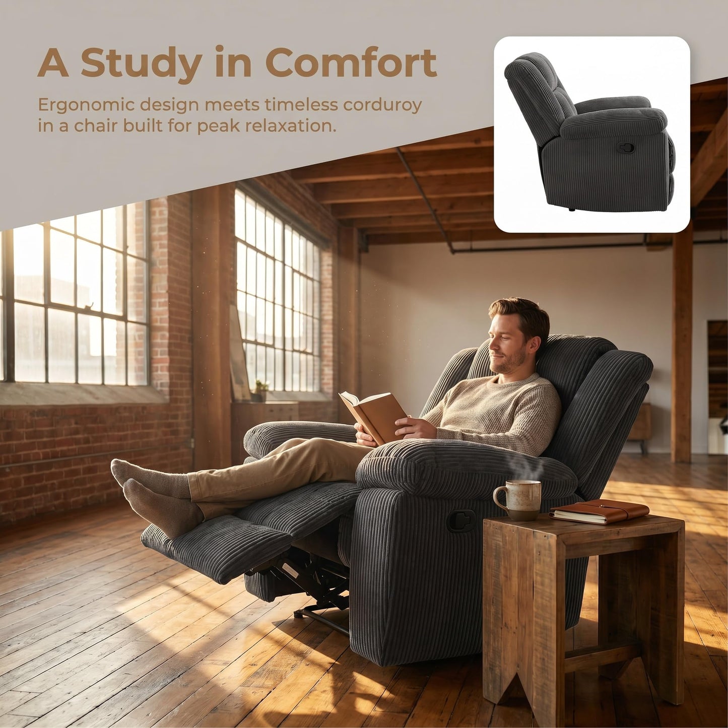 Trygoal Manual Recliner Chair, Nursery Chair, Linen Recliner Chair for Adults, Lazy Boy, Gaming Recliner with Overstuffed Arms, Suitable for Home Theater, Living Room, Bedroom, Dark Grey