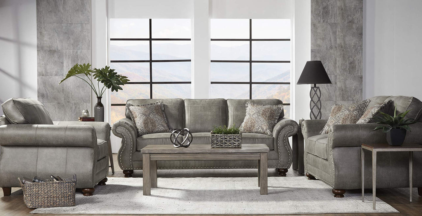Roundhill Furniture Leinster Fabric Upholstered Nailhead 3-Piece Livingroom Set, Sofa, Loveseat, and Chair Set in Stone Gray