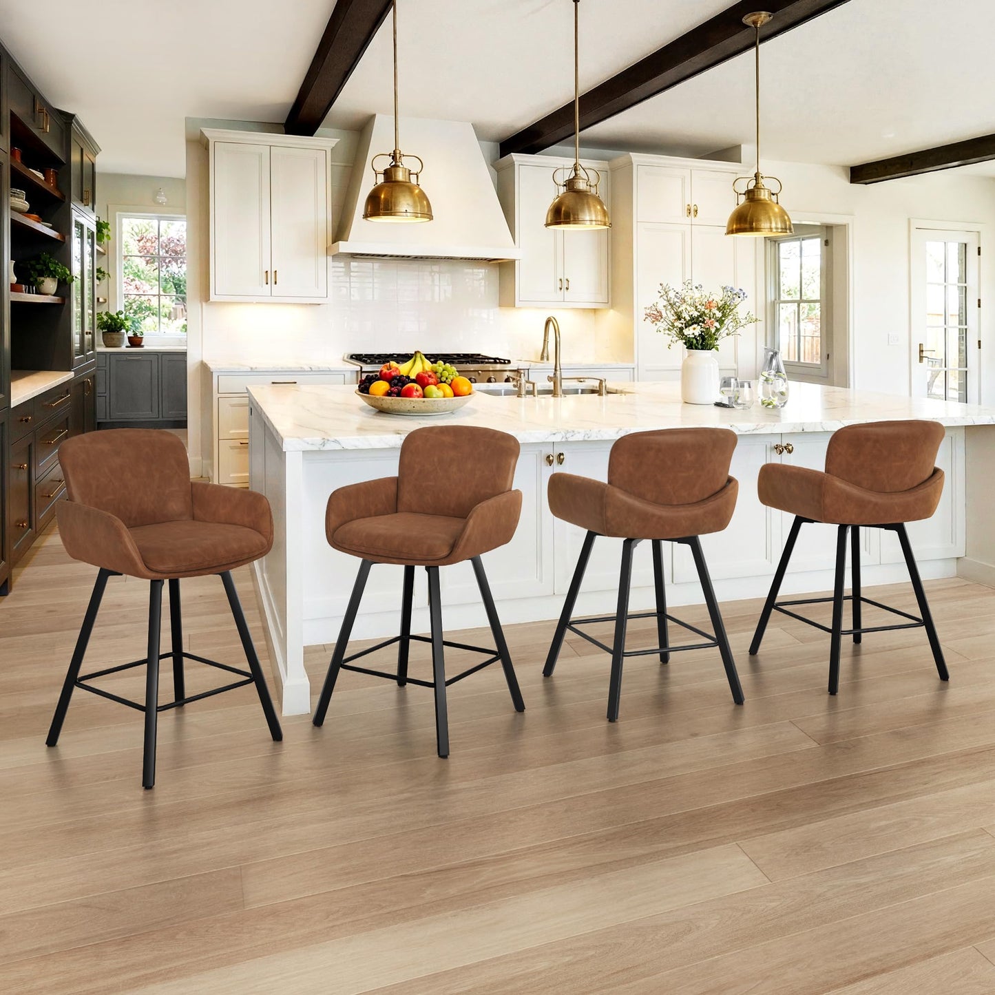LUE BONA 26" Swivel Bar Stools Set of 4, Counter Height Bar Stools with Backrest and Arms, Modern Upholstered Barstools with Metal Legs for Kitchen Island, Brown