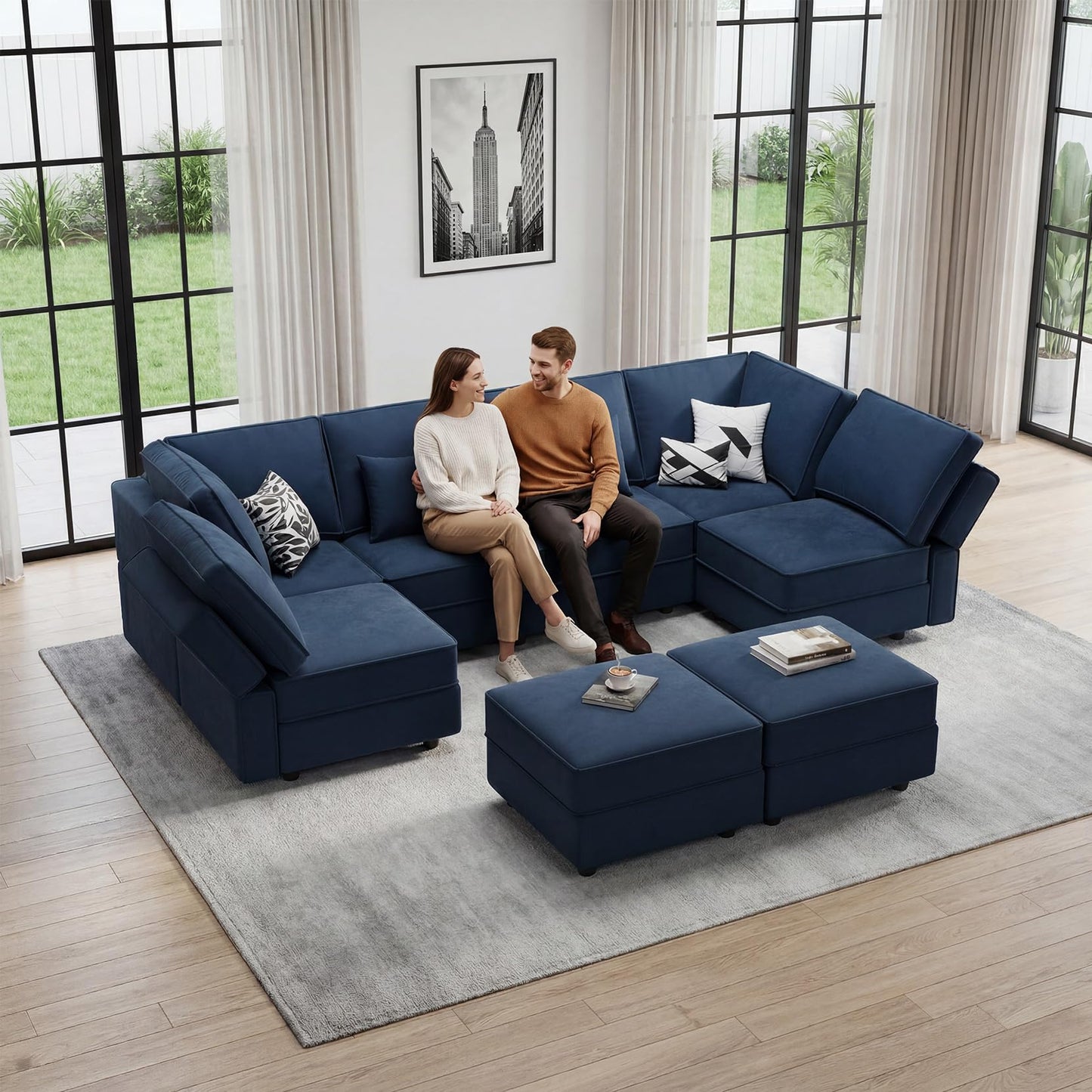 Vesgantti Sectional Sleeper Sofas with Storage, 118" Sofa Bed with 8 Seats Storage Chaises Removable Cover, Deep Seat Modular Couches Velvet Couch Set for Living Room, Apartment, Home Theater, Blue