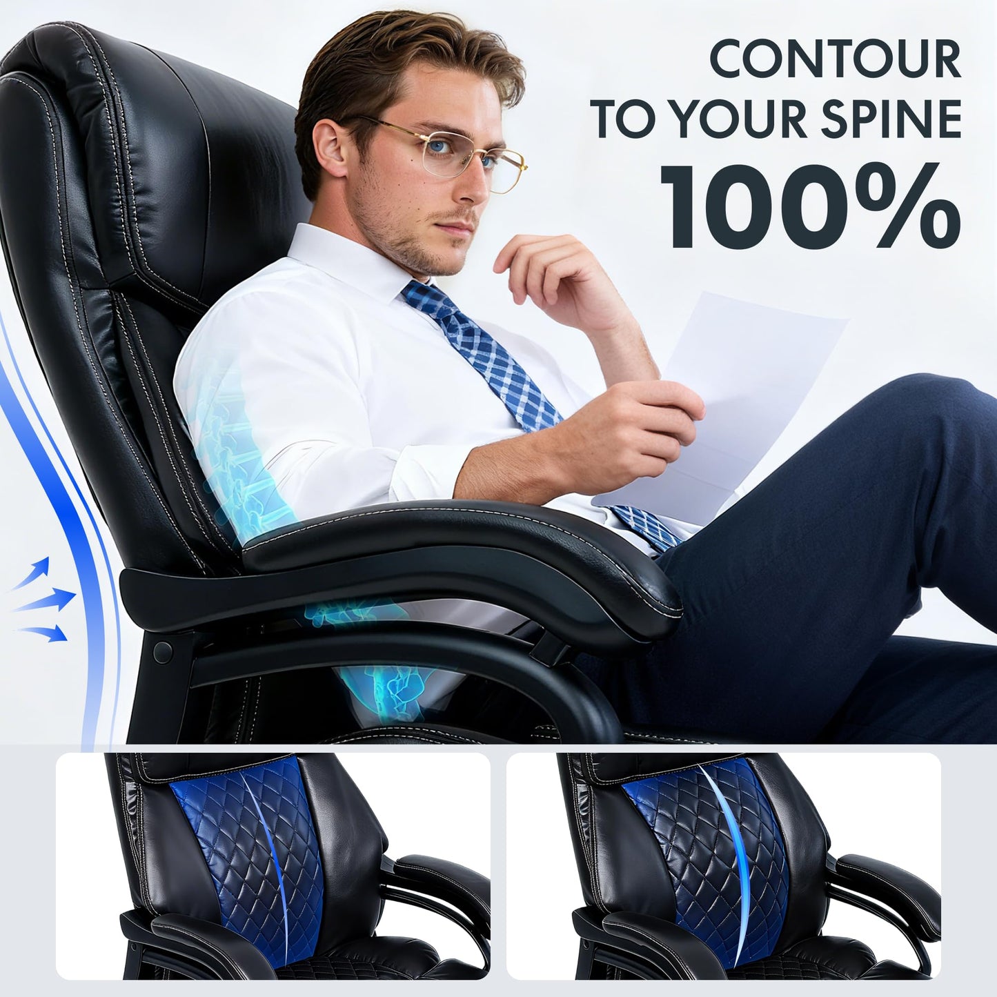 FLEXISPOT 500lbs Big and Tall Office Chair for Heavy People, Heavy Duty Computer Chair with Stable Arms Adjustable Lumbar Support Metal Base, Desk Chairs for Home Office Gaming Working, Leather, Black