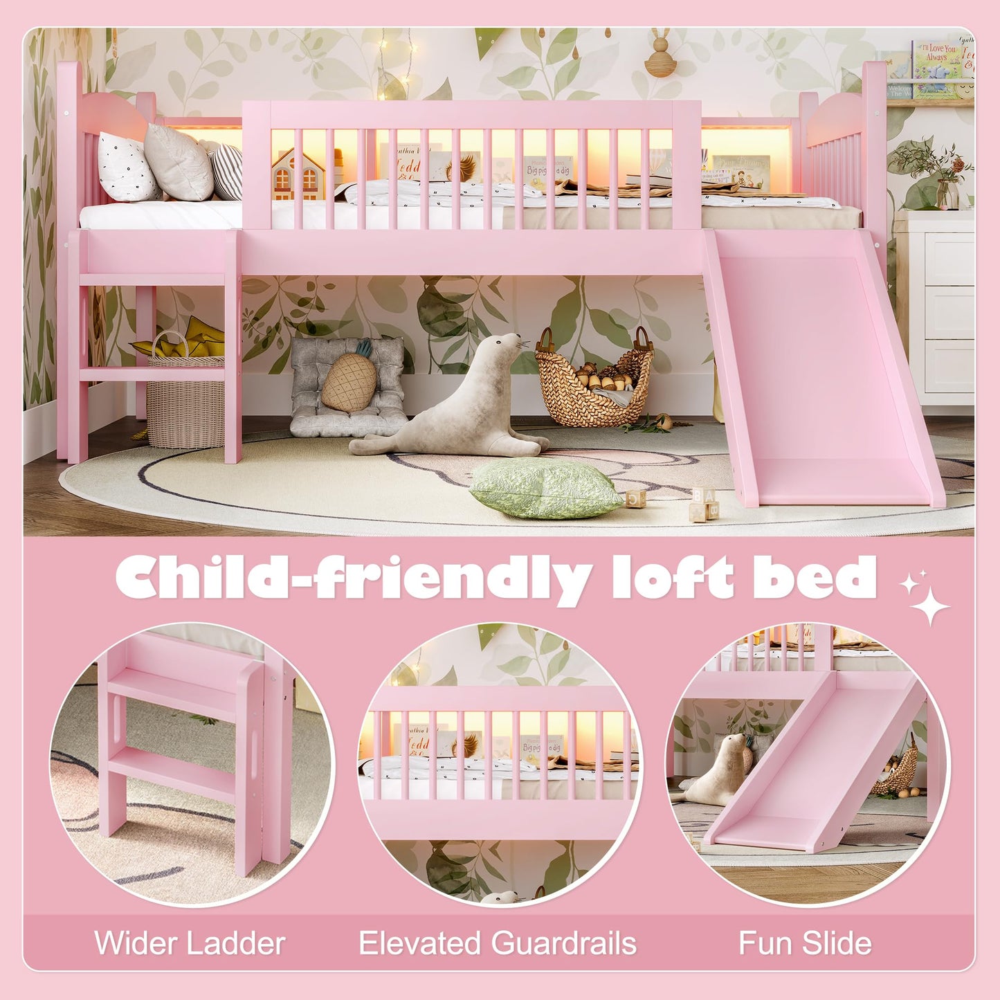 Bellemave Twin XL Loft Bed with Slide and Ladders, Solid Wood Low Loft Bed with Storage Shelves and LED Lights, Loftbed Frame for Kids, Boys, Girls, Childlike and No Box Spring Needed Design, Pink