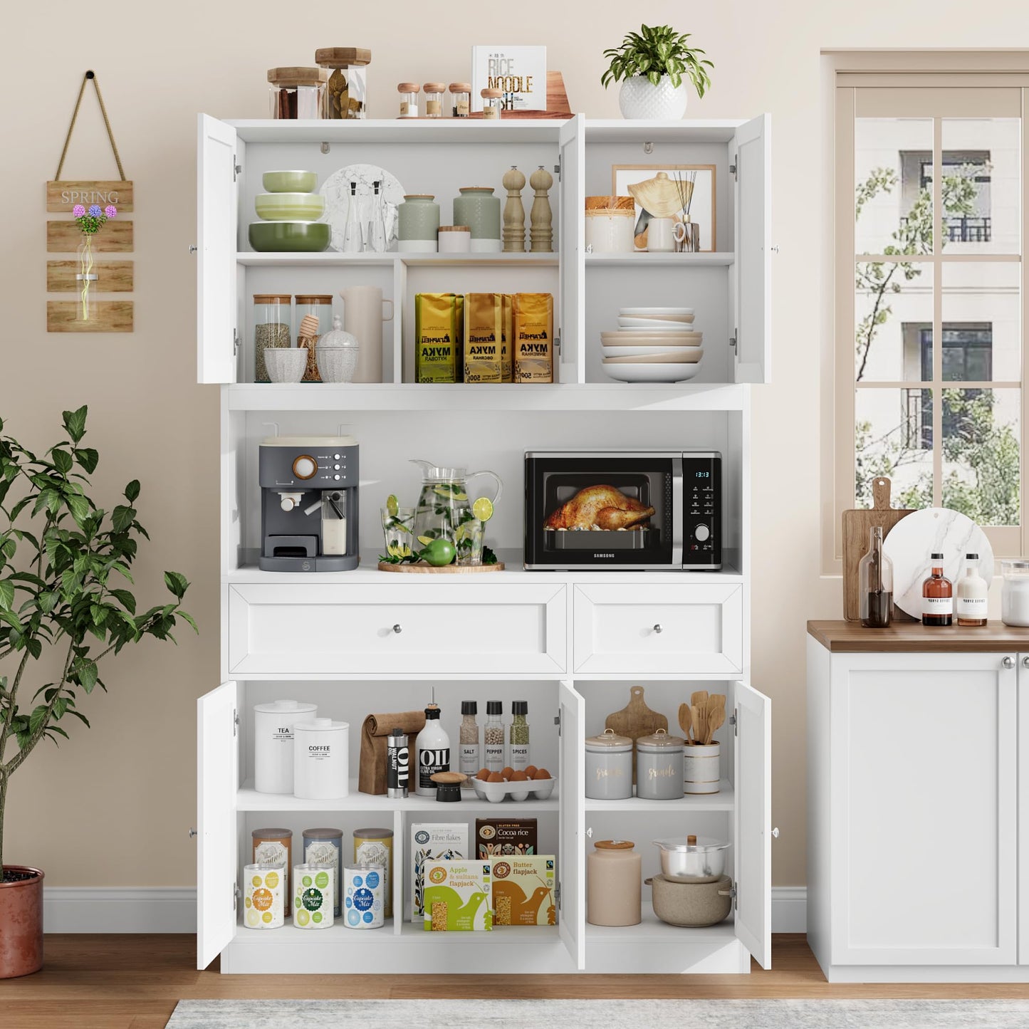 BOTLOG 72" Kitchen Pantry Cabinet, Kitchen Hutch with Microwave Stand, Buffet Cabinet with Hutch for Dining Room, White