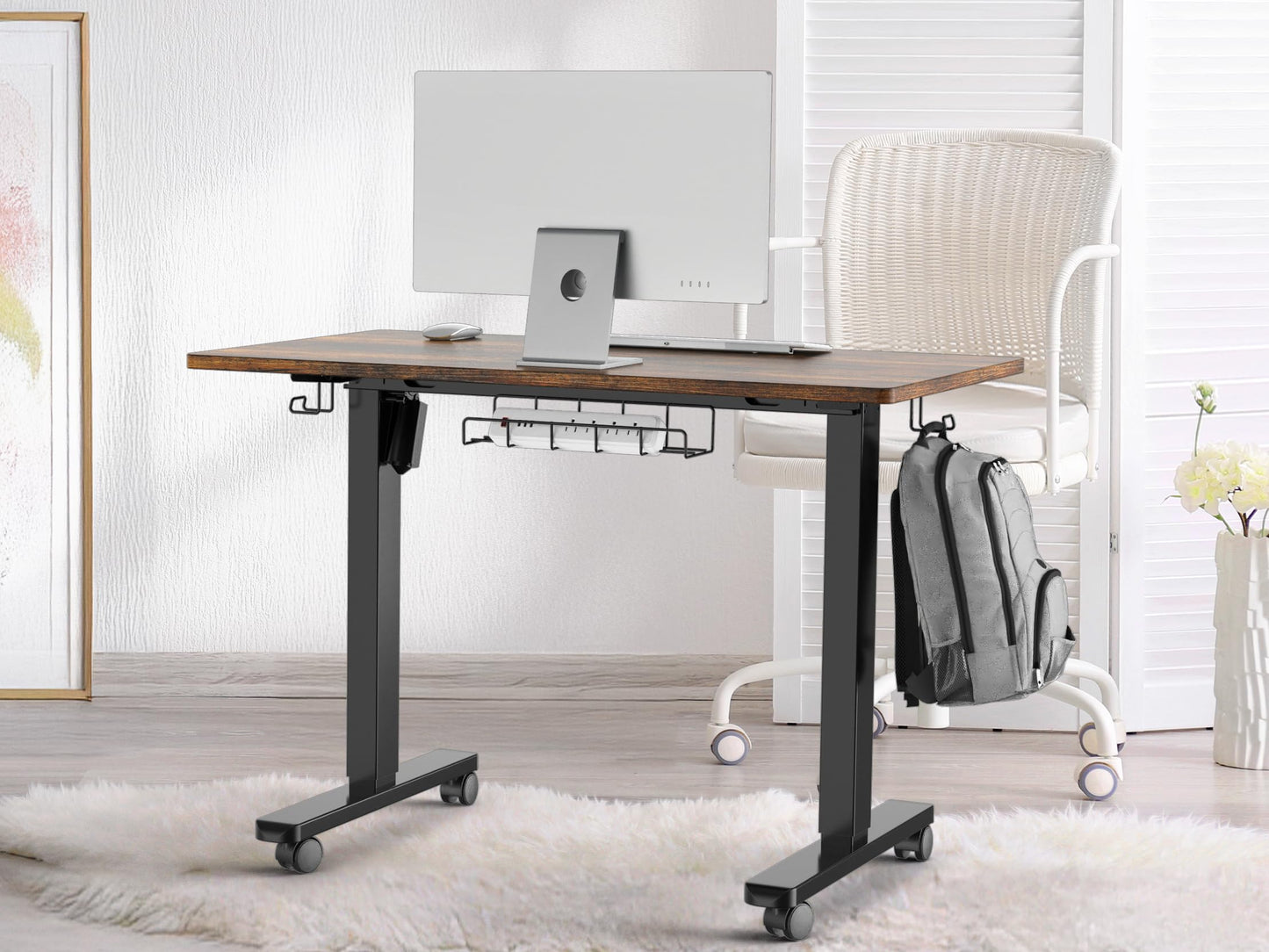 SHW 40-Inch Mobile Electric Height Adjustable Sit to Stand Desk with Drawer, Hanging Hooks and Cable Management, Rustic Brown