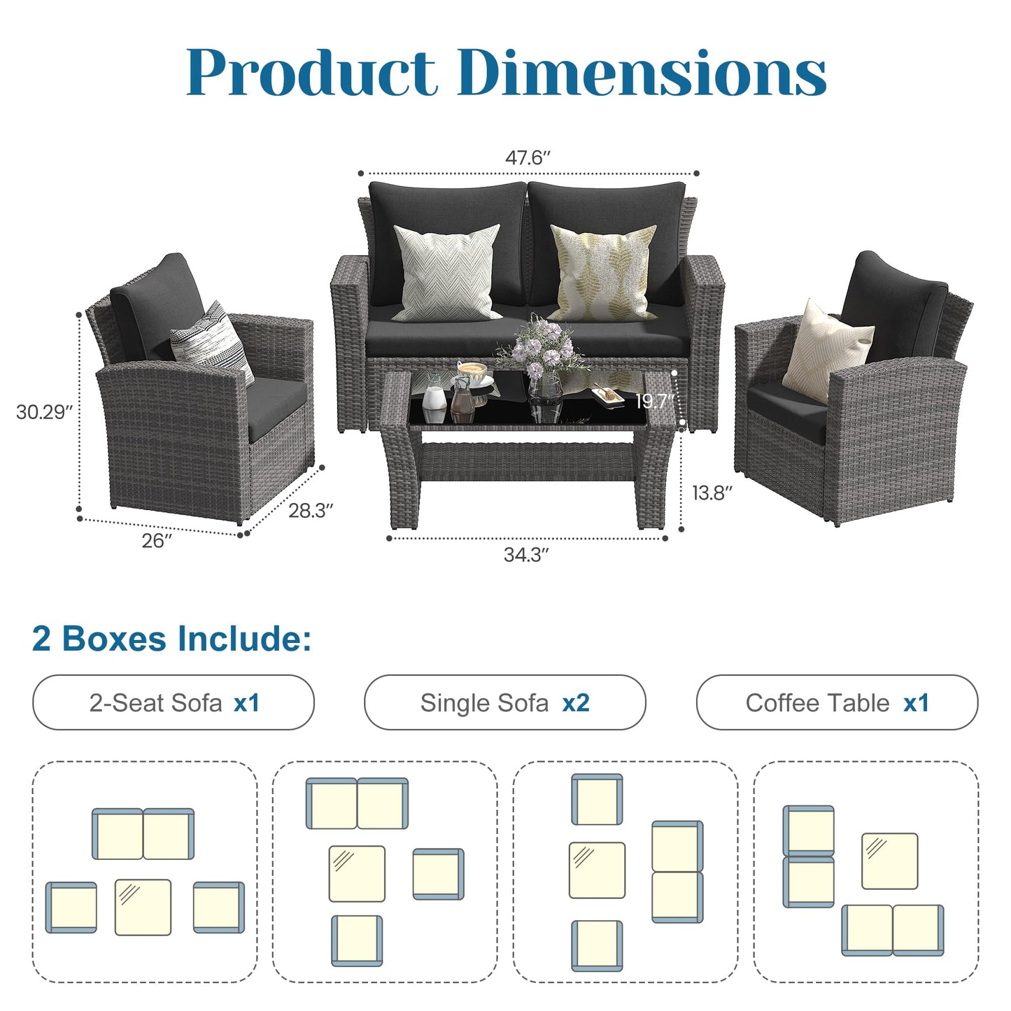 Solaste 4 Piece Outdoor Patio Furniture Set, Outdoor Sectional Sofa with Tempered Glass Coffee Table and Cushions, Wicker Rattan Patio Set for Backyard, Front Porch, Balcony, Black