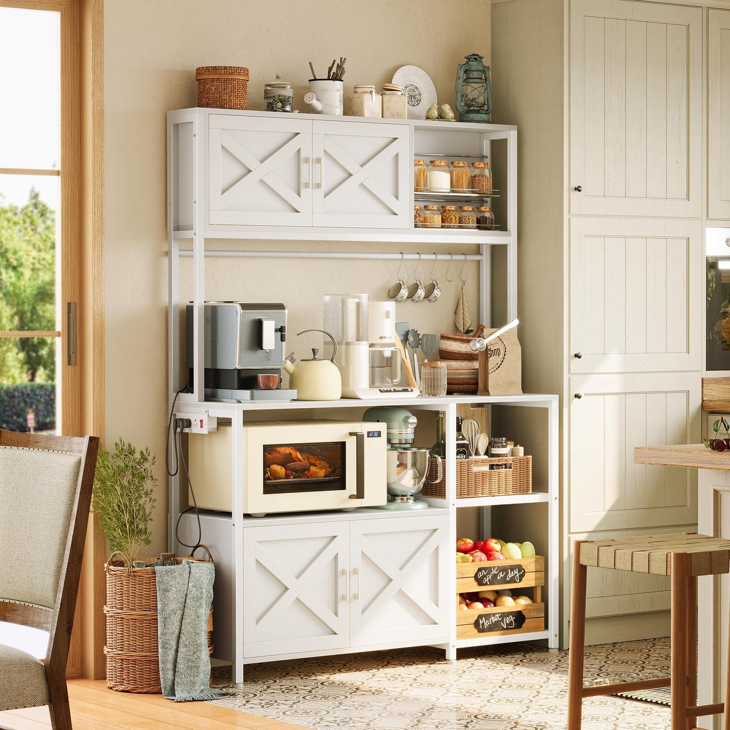 Huuger Large Bakers Rack with Power Outlet, Kitchen Microwave Stand with Cabinets, Coffee Bar Table Station with Storage, 6 S-Shaped Hooks, Mesh Shelves, 45 Inch Wooden Top, White