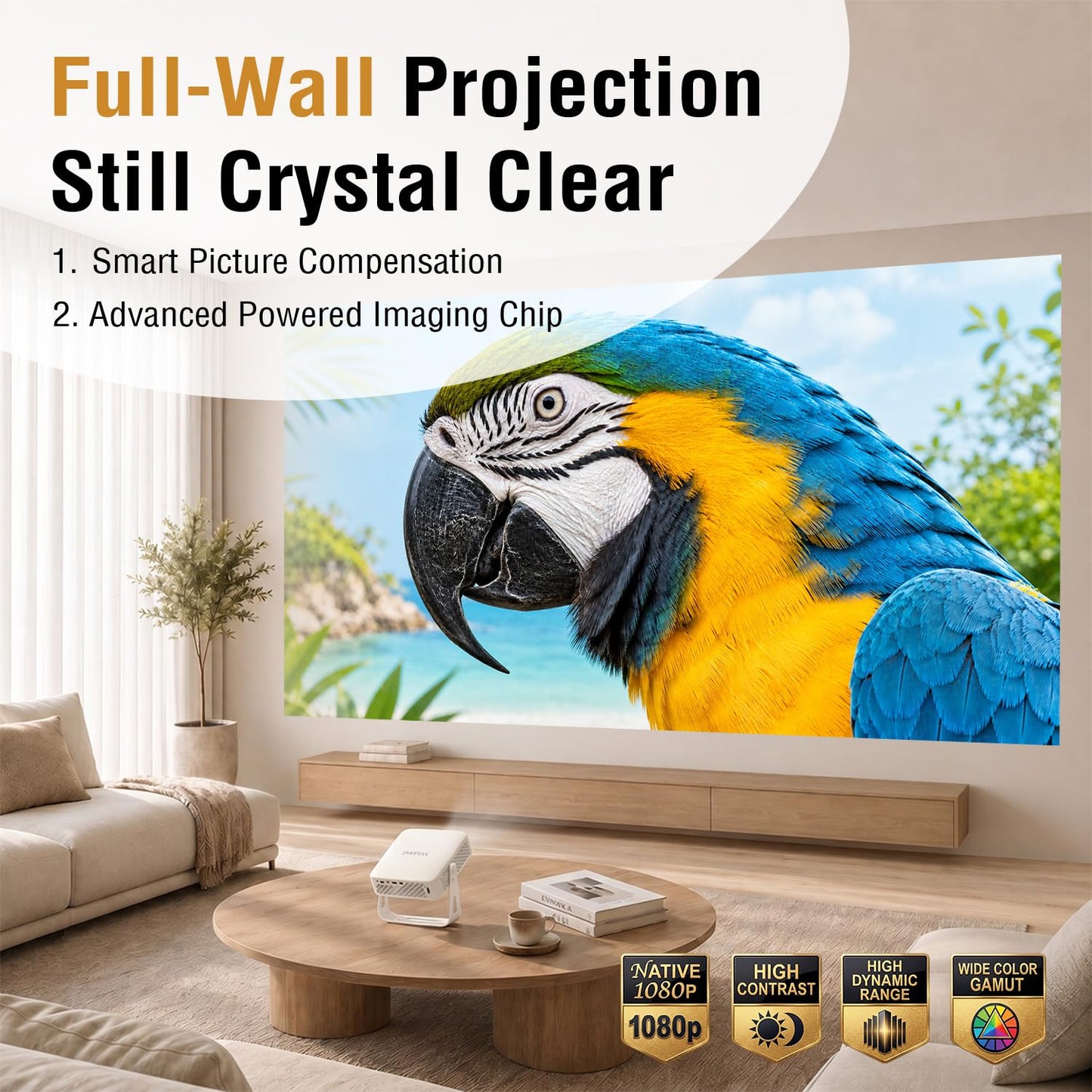 [Officially-Licensed App & Auto Focus]White Smart Mini Projector with WiFi and Bluetooth, XuanPad 4K Support Movie Projector, Portable Native 1080P Outdoor Projector with 360° Stand