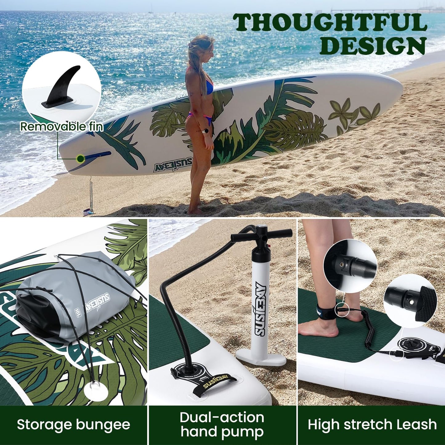 Susiebay Inflatable Stand Up Paddle Board, 11ft Paddle Board for Adults & Youth, Durable SUP Accessories with Non-Slip Deck, Dual Hand Pump,10L Dry Bag,108L Backpack