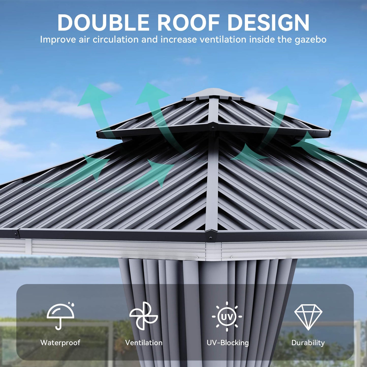 YITAHOME 10X10FT Hard Top Metal White Gazebo Patios Double Roof Canopy Aluminum Frame Garden Gazebo Tent Curtains Netting for Patios Backyards Decks Lawns White