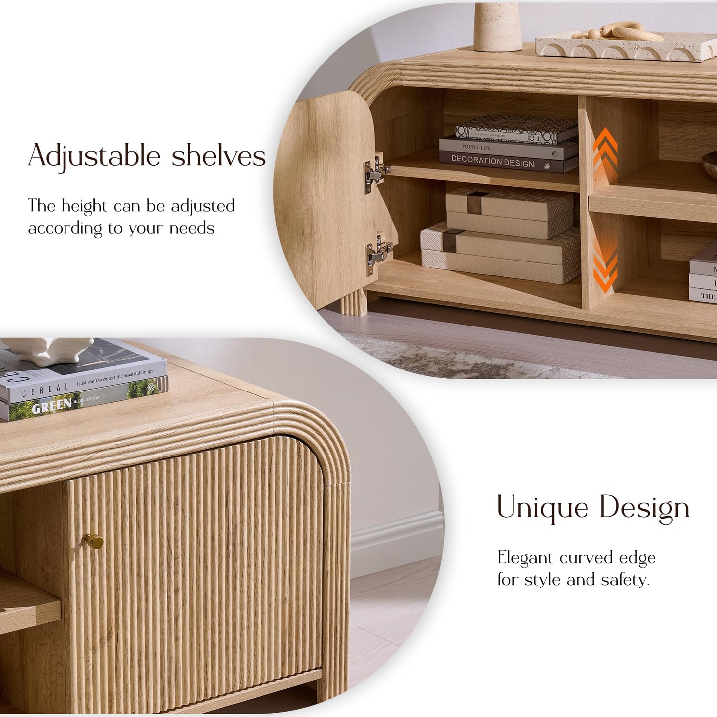 T4TREAM 70" Modern Fluted TV Stand with Storage, Natural Oak