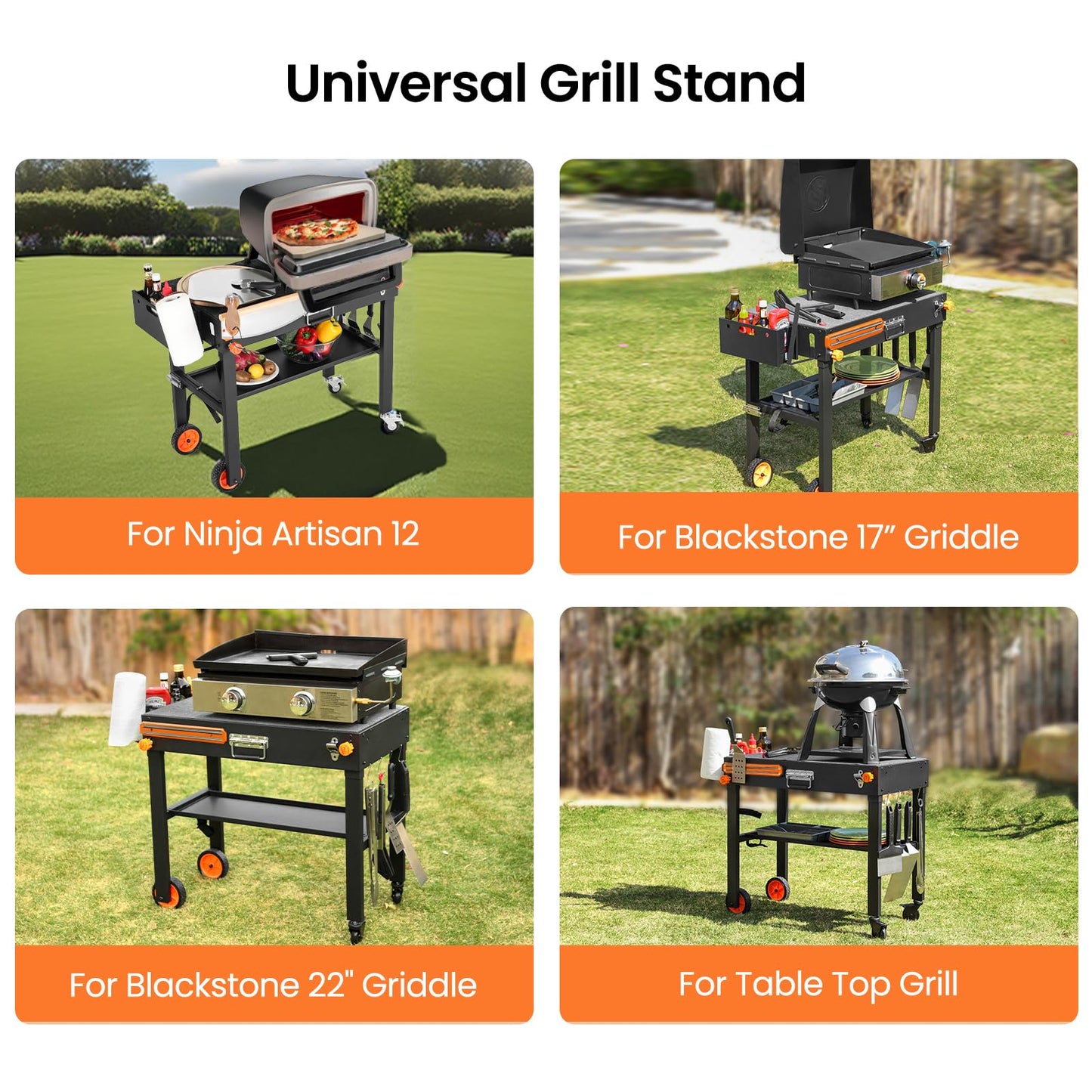 Folding Grill Table for Blackstone 17" & 22" Griddle, Portable Grill Cart with Wheels, 20-Second Tool-Free Setup, 450 lb Heavy Duty Outdoor Cooking Prep Station for Ninja Woodfire Grill & Pizza Oven