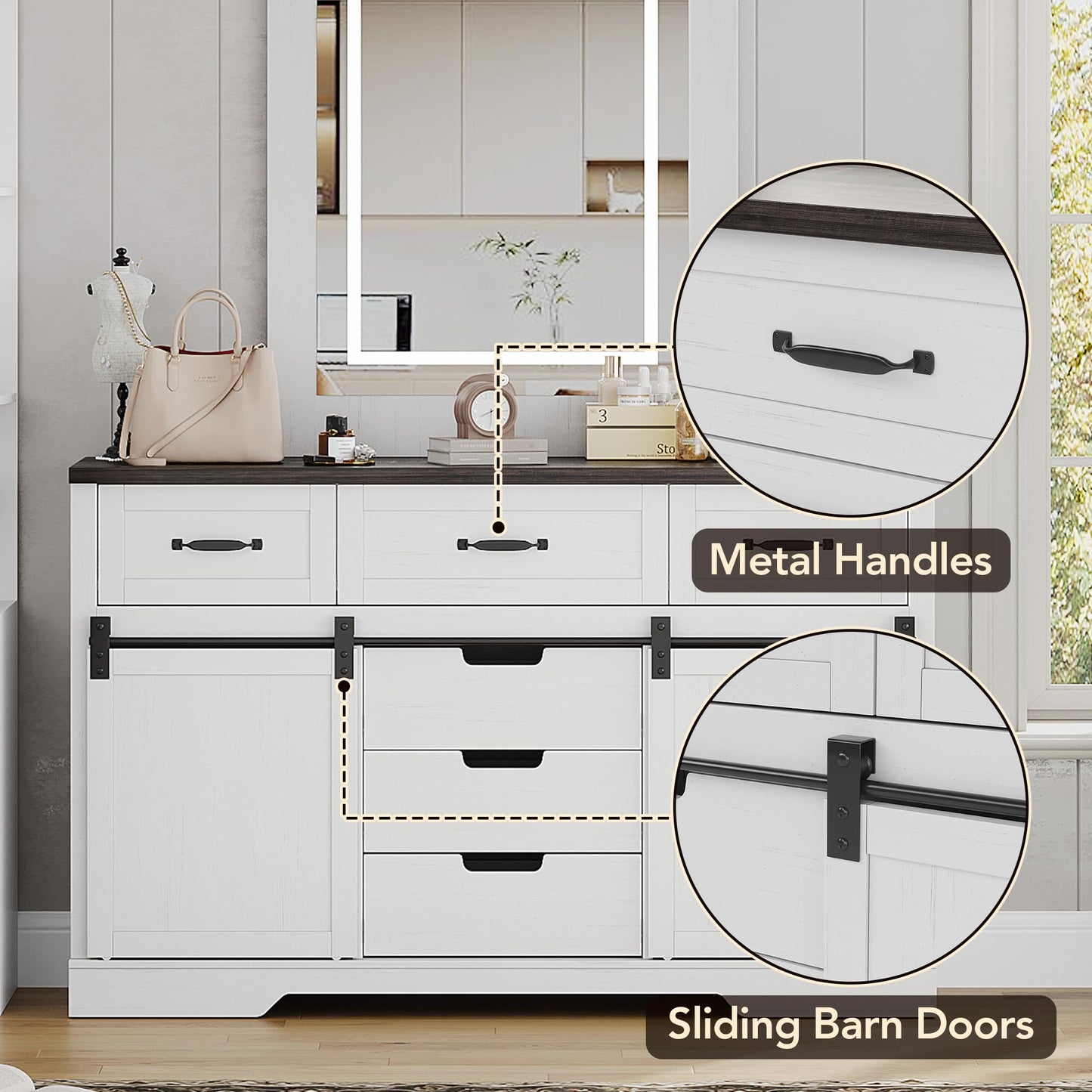 GarveeHome 47.2 in Farmhouse Buffet Cabinet, Sideboard Cabinet with LED Mirror, White Coffee Bar with 6 Drawers for Dinning Room, Kitchen, Living Room
