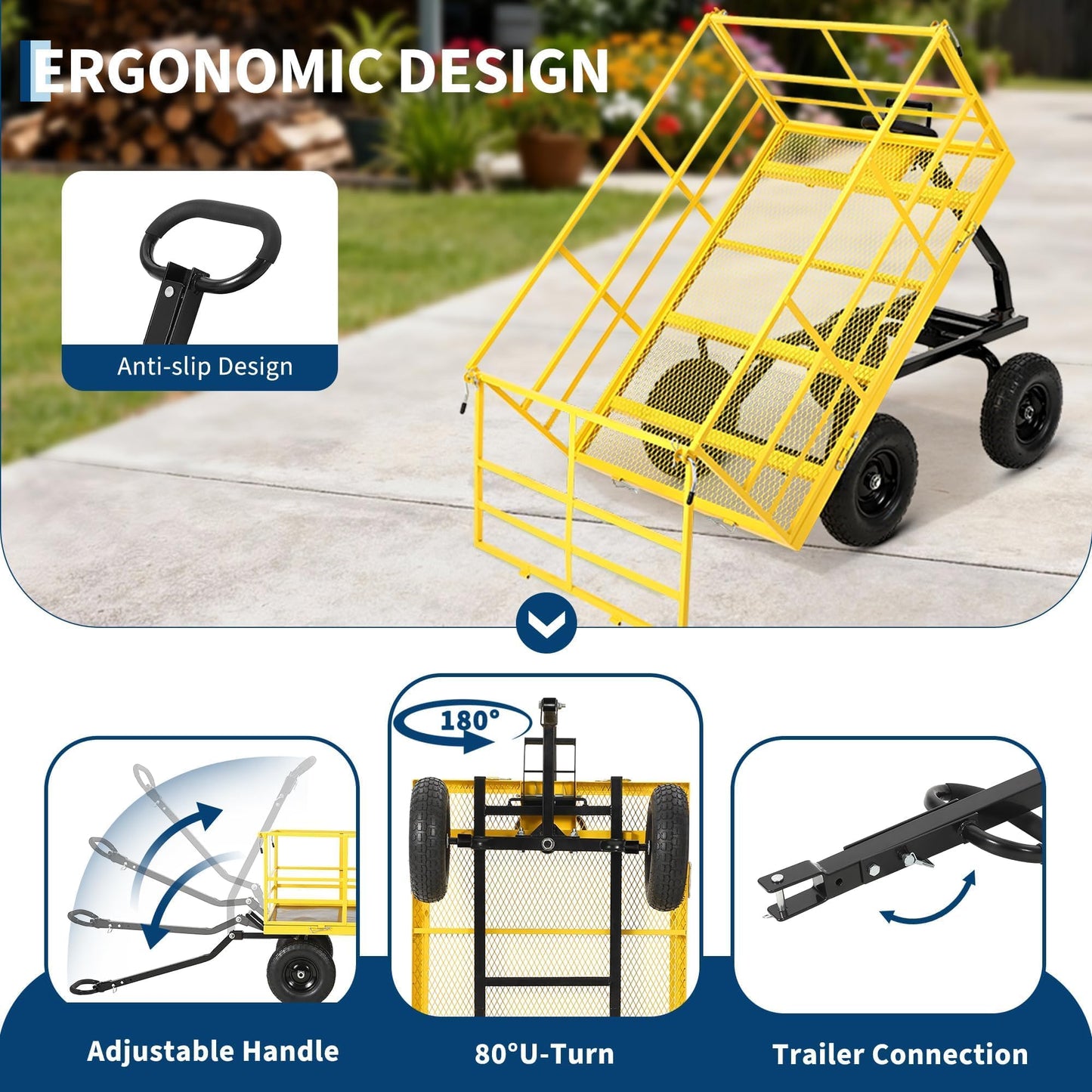 1500 LB Garden Wagon Cart with 13 in All Terrain Tires, 3-in-1 Yard Wagon Cart with Removable Side Panels, Heavy Duty Outdoor Metal Utility Wagon Yard Trailer for Outdoor Lawn, Yard, Backyard