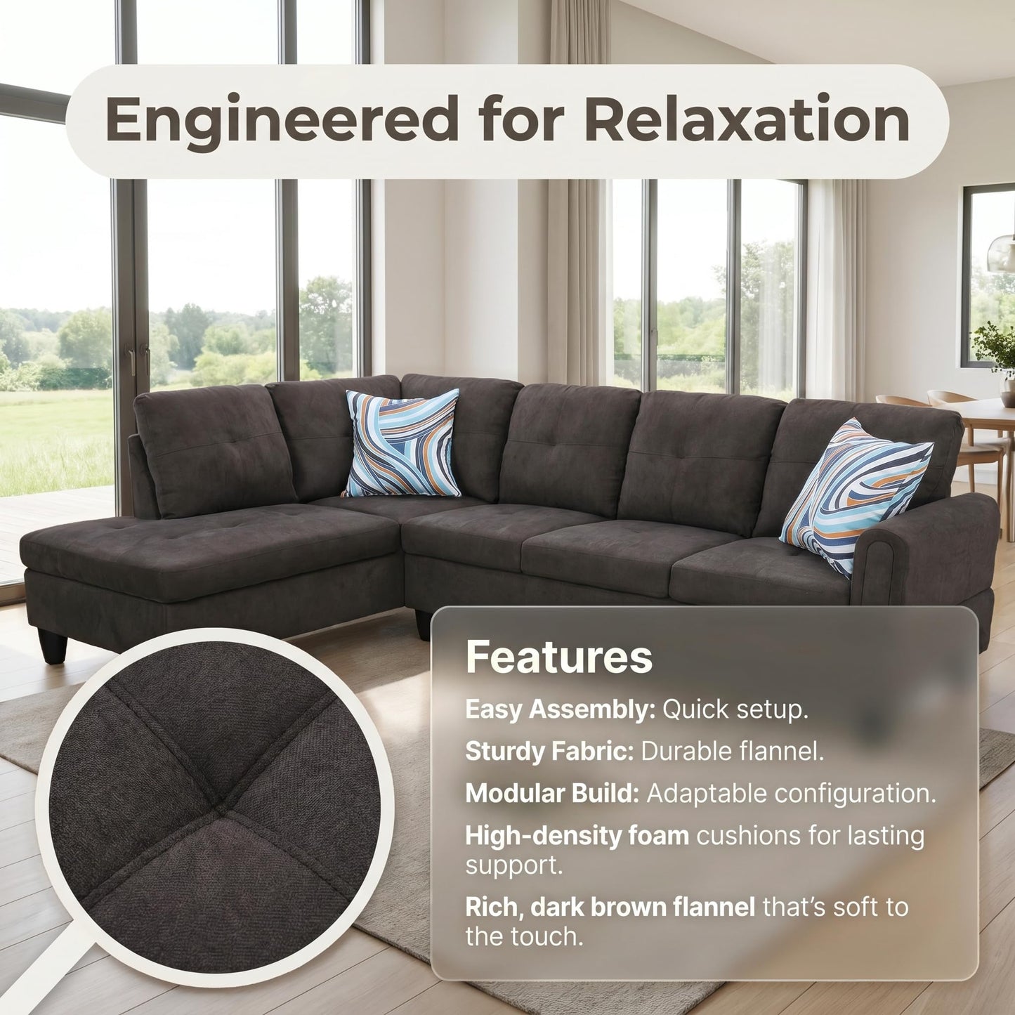 NicBex 97" L Shaped Couch Sectional Couches for Living Room, 2-Piece Modular Sofa with Movable Chaise & Deep Seat for Apartment, Bedroom, Office, Dark Brown