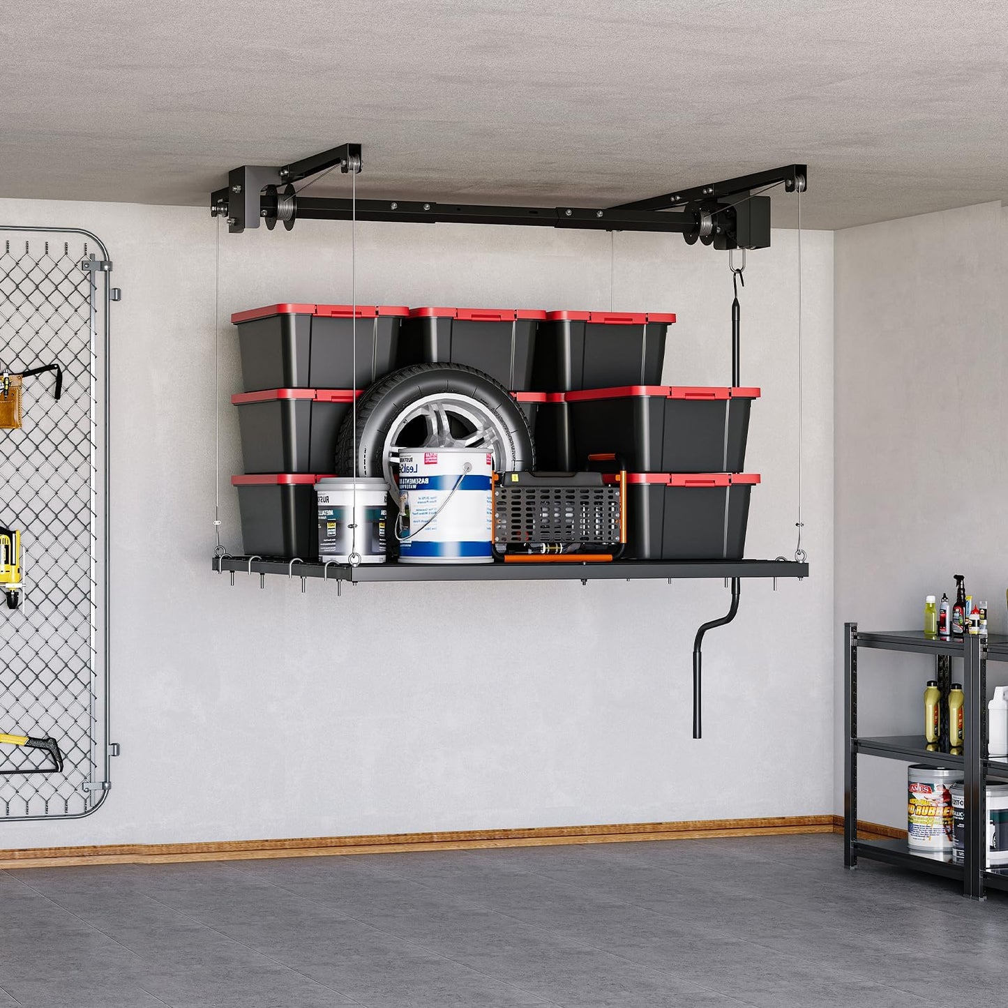 Adjustable 4x4 ft Overhead Garage Storage Rack Lift System,Heavy Duty Ceiling Mount Rack with 250 Lb Capacity & Automatic Safety Lock, Space-Saving Hanging Organizer for Attic,Basement,Garage or Shed