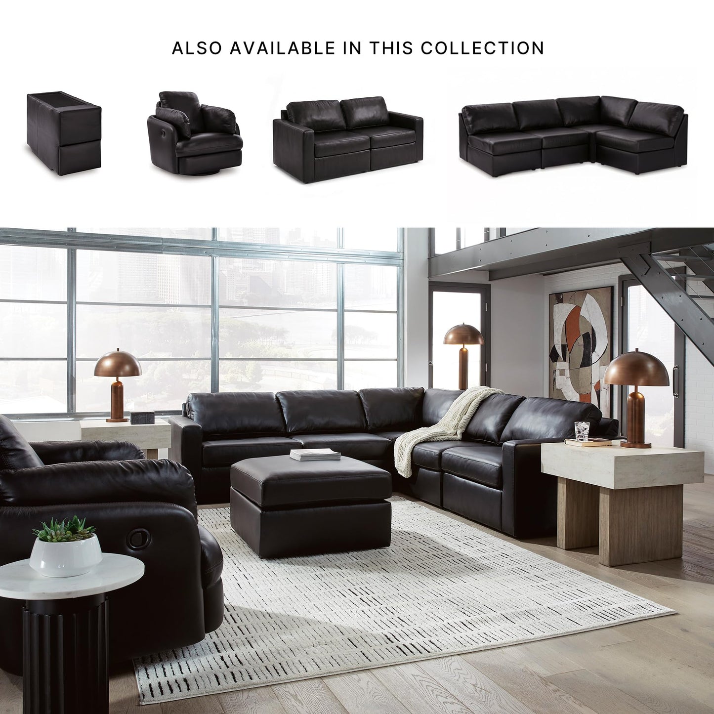 Signature Design by Ashley Modmax II Sectional Sofa, Modular Desugn, Top Grain Leather Seating, Contemporary Sectionals for Living Room Seating for Flexible Everyday Lounging, Black