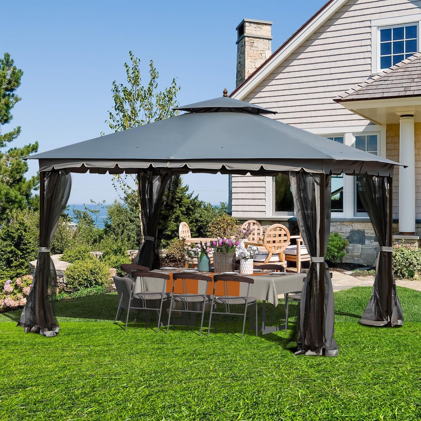 Bezseller 10x12 Outdoor Patio Gazebo with Powder-Coated Metal Frame - Stable Double-Tier Canopy with Zip Mesh Sidewalls for Backyard Dining & Entertaining, Grey
