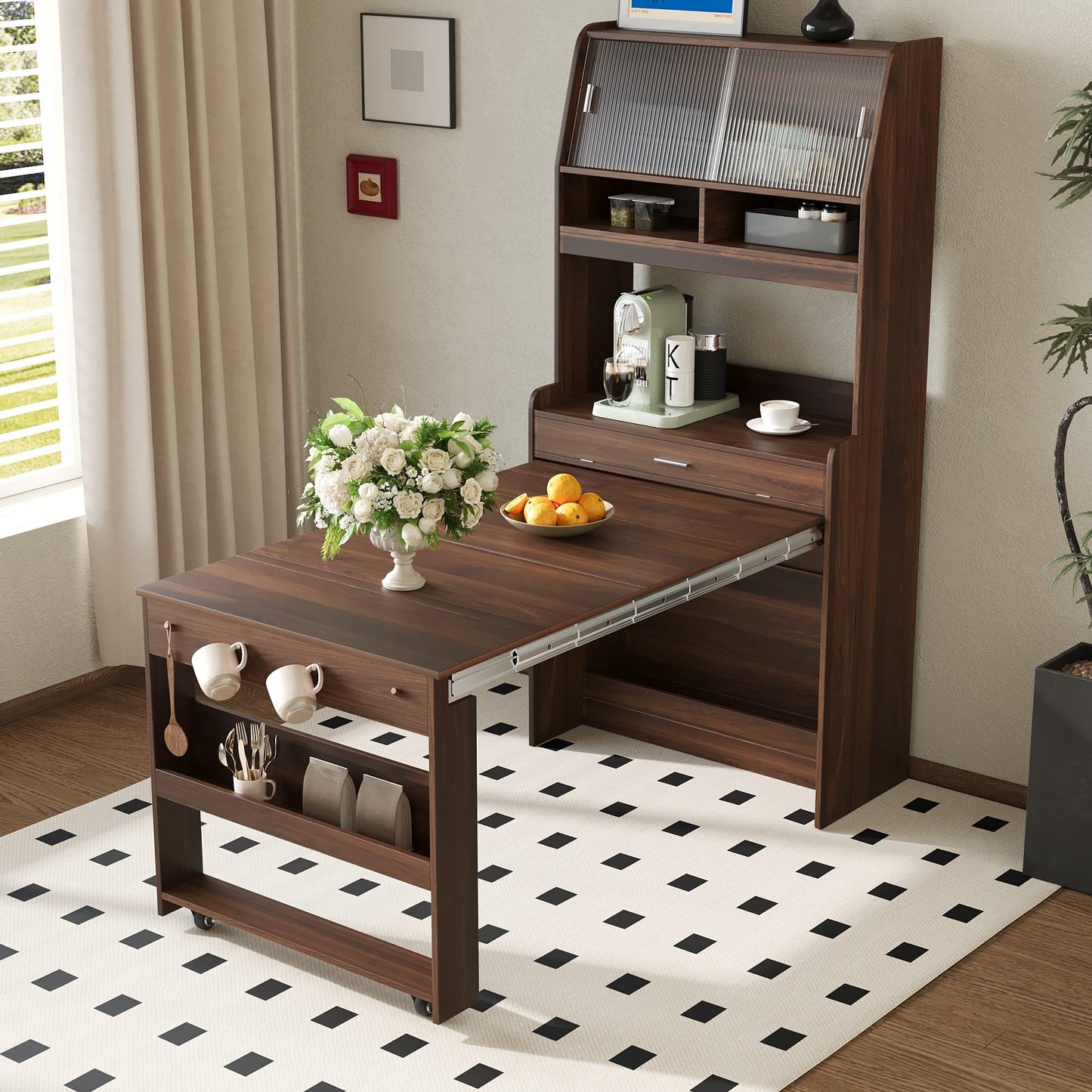 Merax Sideboard Buffet Cabinet with Foldable Dining Table, Multifunctional Cupboard with Storage Shelf and Hooks, for Small Places,Studio, Apartment