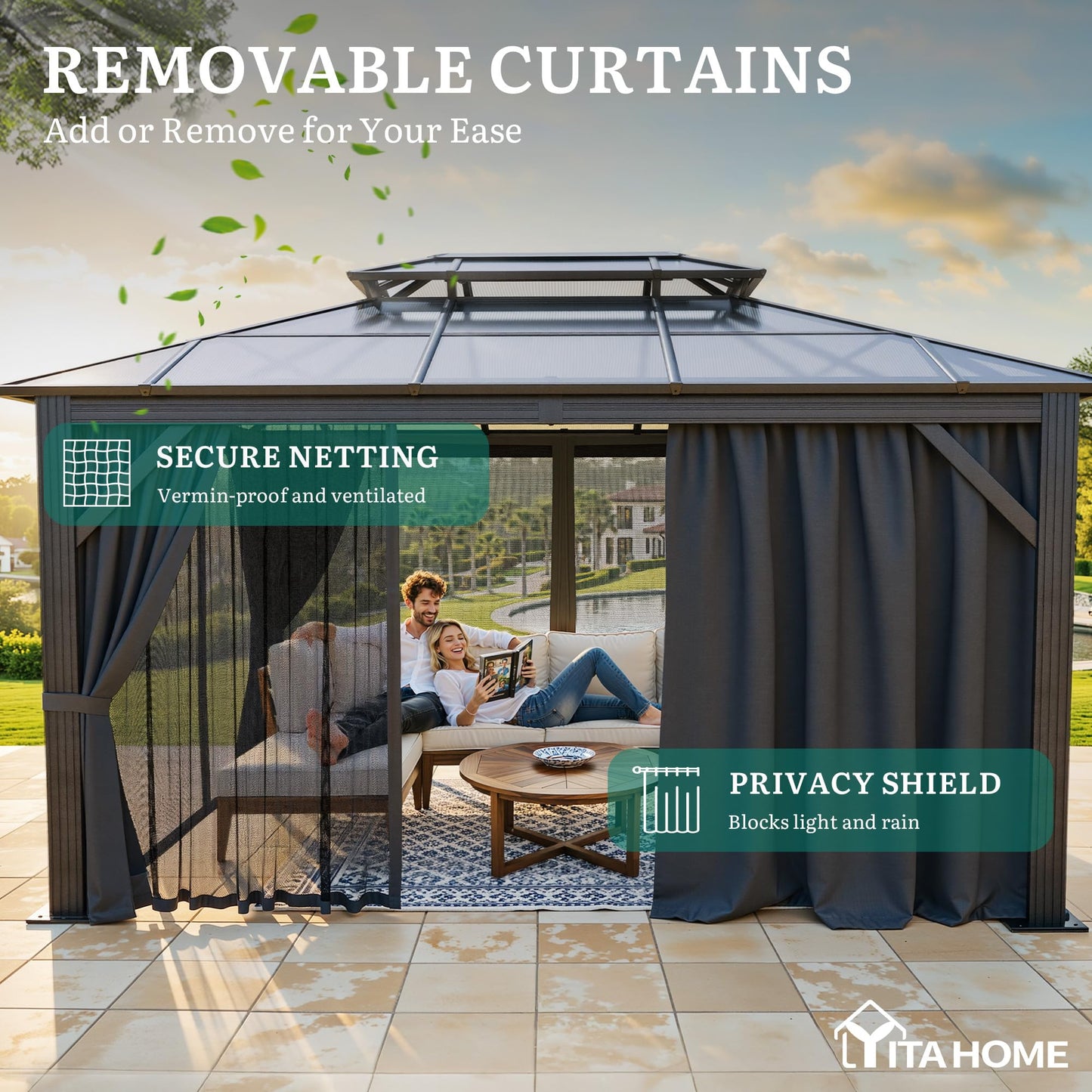 YITAHOME 10X12FT Polycarbonate Gazebo Outdoor Patio Double Top Canopy Galvanized Iron Aluminum Column Garden Tent Curtains Netting for Backyards Decks Lawns,Gray