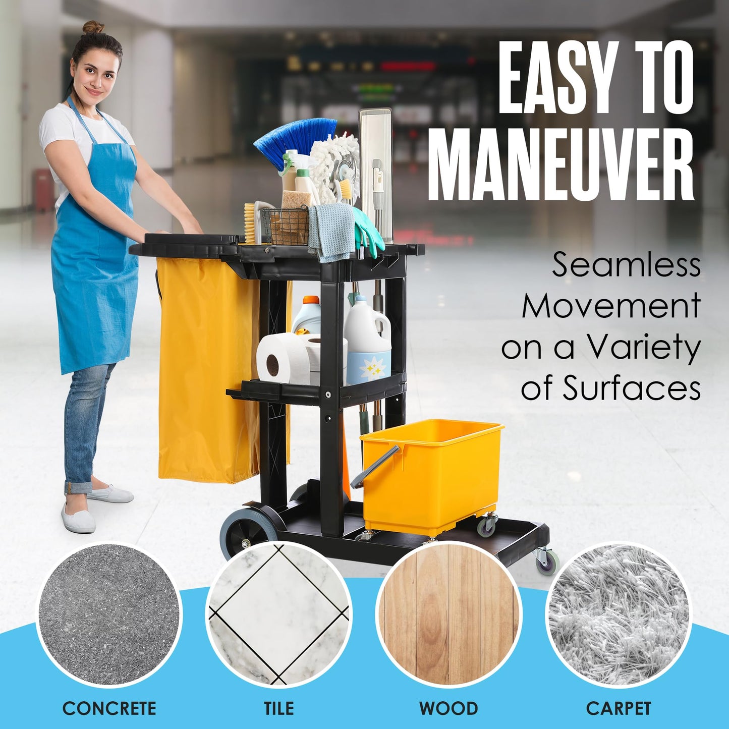 Houseables Cleaning Cart, Janitorial Cart, Cleaning Caddy with Wheels, for Housekeeping, Janitor, Custodian, House Keeping, Maintenance, Rolling Supply Organizer, Custodial, Maid, Commercial, 440 LB
