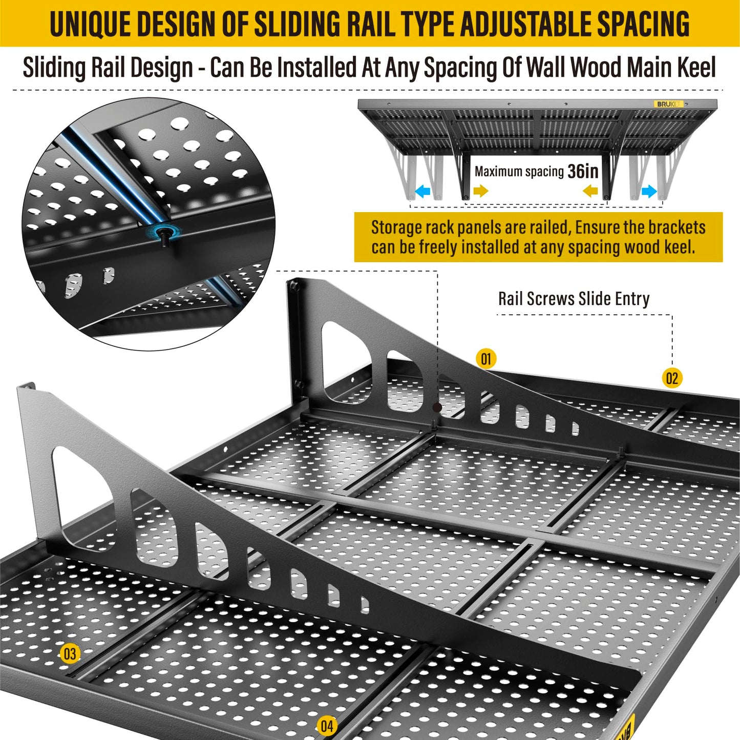 Brukid 4Pack 2x3ft Adjustable Metal Garage Wall Shelving Heavy Duty Garage Storage Shelf Wall Mounted Black