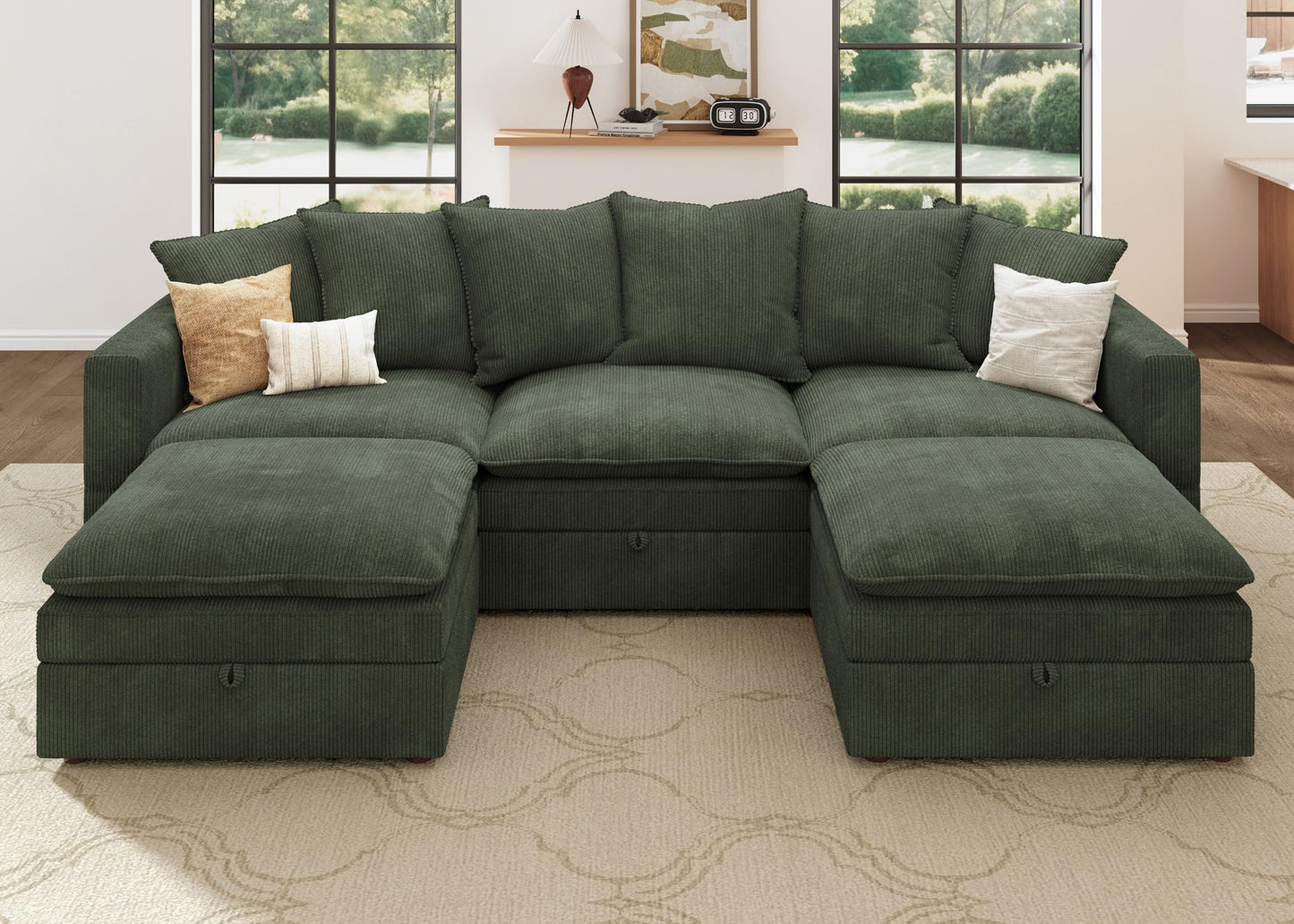 HONBAY Modular Sectional Sofa, 105.5 Inch Deep Seat U Shaped Couch with Storage & Adjustable Armrest Backrest, Green
