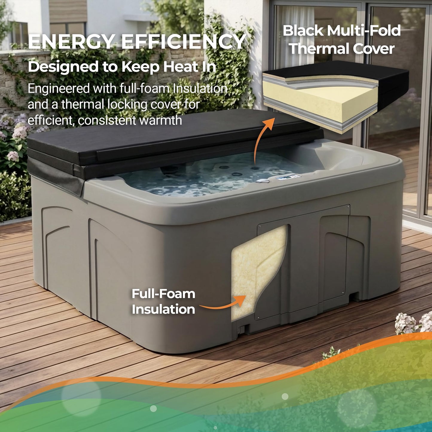 Lifesmart 4-Person Plug & Play Square Hot Tub Spa with 13 Jets, 1.0 HP Pump, Thermal Cover and LED Light, Outdoor Spa, Taupe