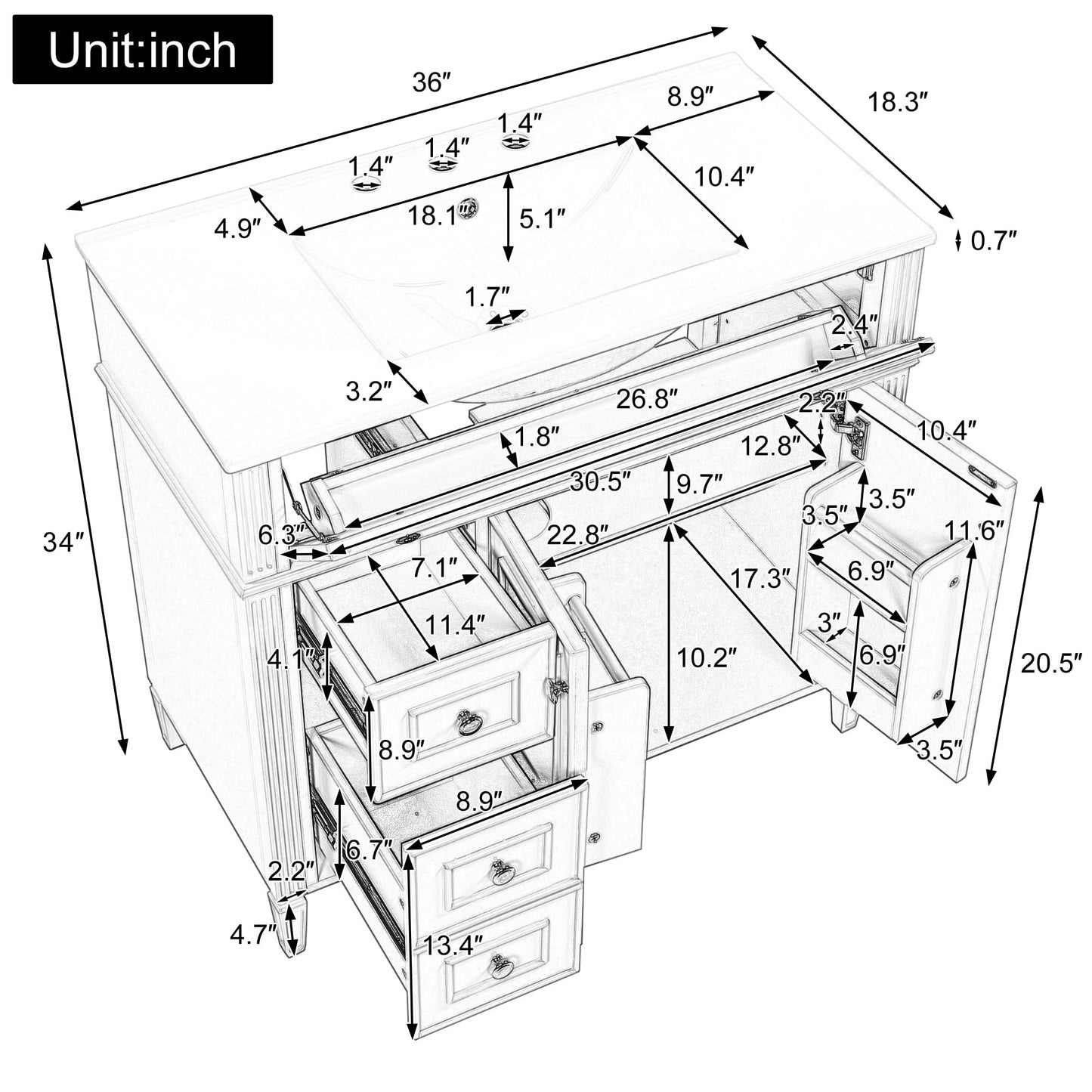 36" Bathroom Vanity Cabinet with Ceramic Countertop Sink Combo Set, Solid Wood Frame, Tilt-Out Drawers and Left Side Drawers, Soft Closing Door Hinges, Modern Style, Green