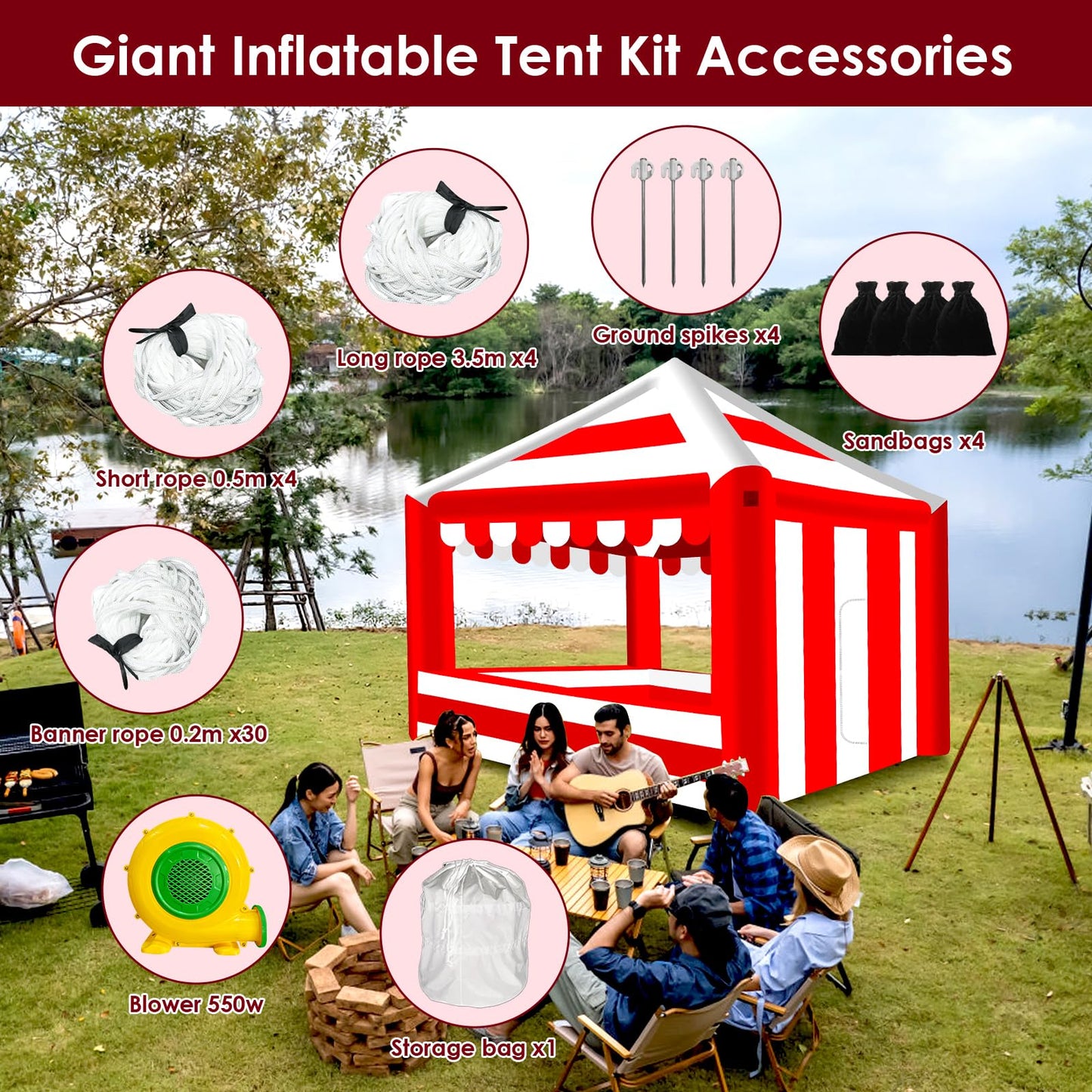 13x13ft Inflatable Event Tent with 550W Blower - Red & White Striped Advertising Canopy, Waterproof Pop-up Vendor Booth - Portable Air Tent for Trade Shows, Farmers Markets, Carnivals & Camping