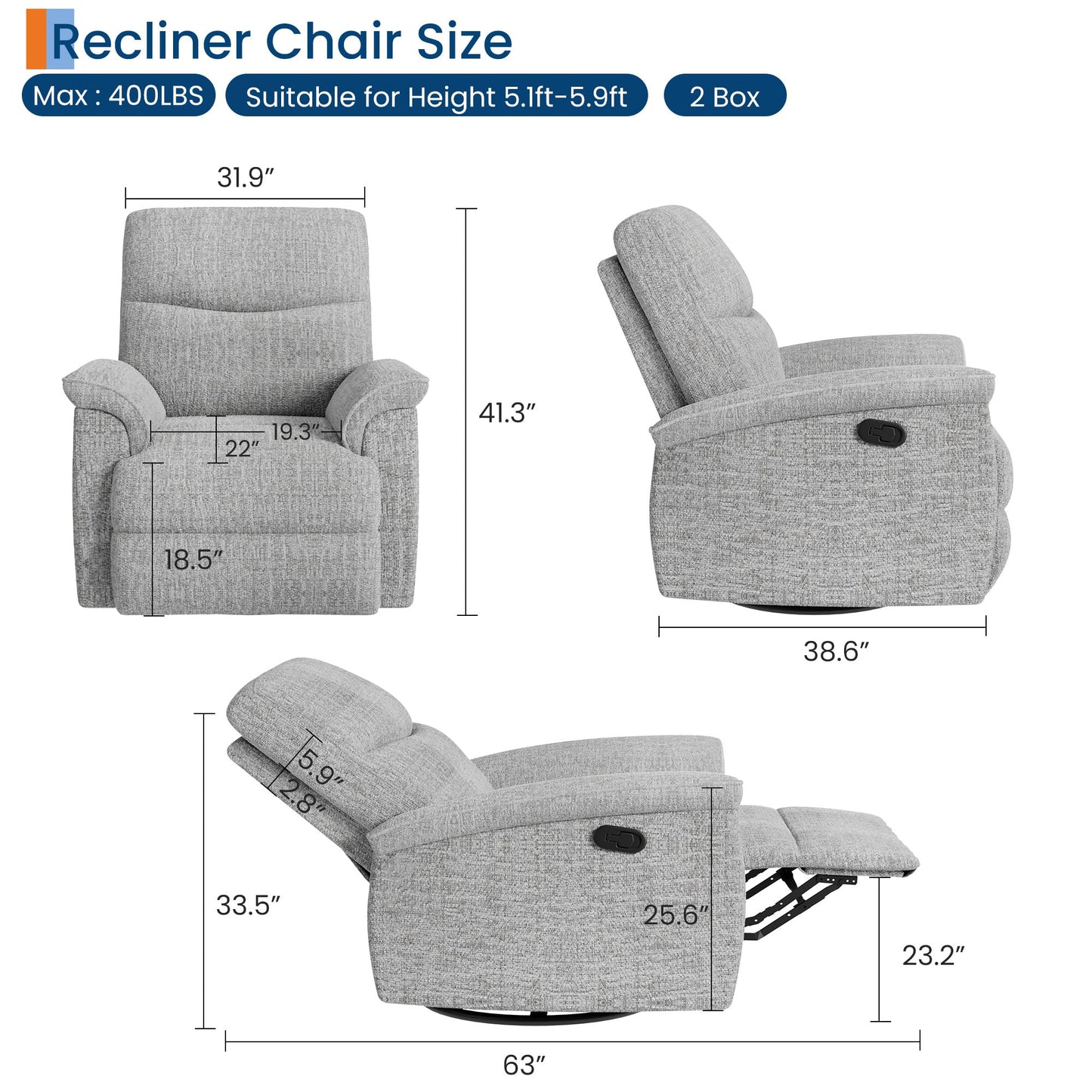 Garvee Swivel Rocker Recliner Chair, Nursery Rocker Recline Chair, Manual Chenille Reclining Armchair with 38.6" w Seat, 350 Lb Capacity, Oversized Single Sofa for Living Room Bedroom,Grey