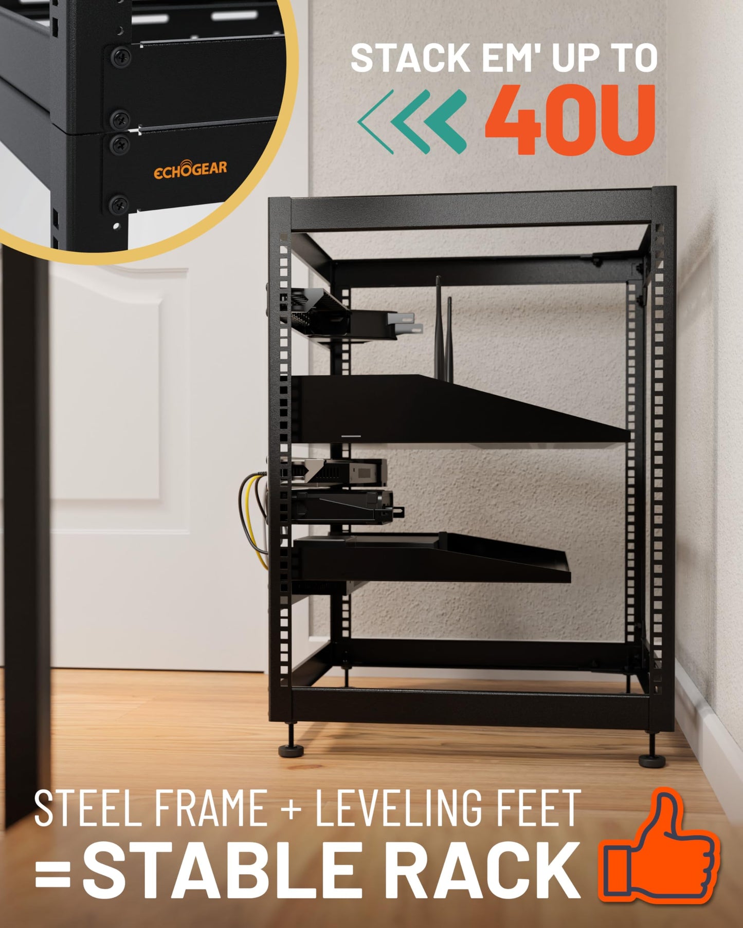 ECHOGEAR 15U Open Frame Rack for Servers & AV Gear - Wall Mountable Design Includes 2X Vented Shelves, 25x Rack Mounting Screws, 4X Leveling Feet, 4X Shelf Stops, & 2X Securement Straps